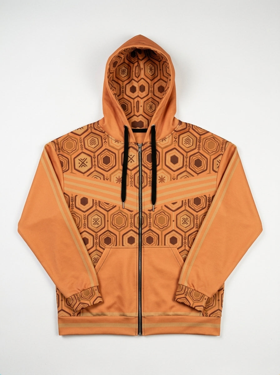 AnanseNova™ Zip Hoodie in Sango Orange, flat lay with hexagon-lined hood