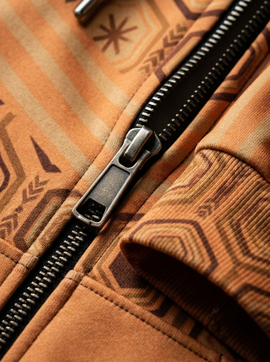 AnanseNova™ Zip Hoodie in Sango Orange, close-up of metal zipper, ribbed hexagon cuff and print detail