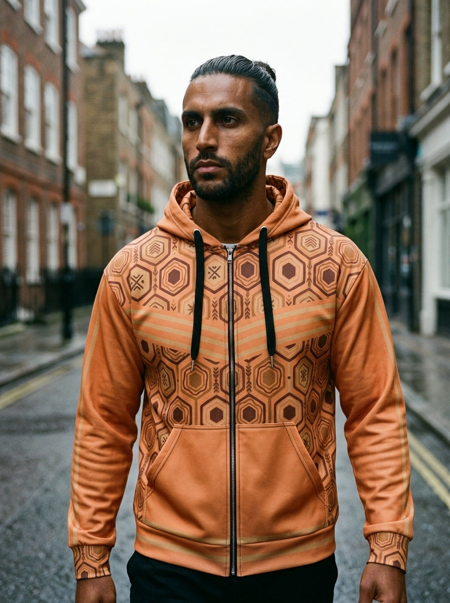 AnanseNova™ Zip Hoodie in Sango Orange, everyday fit on model — AkomaDrive™ recycled fleece