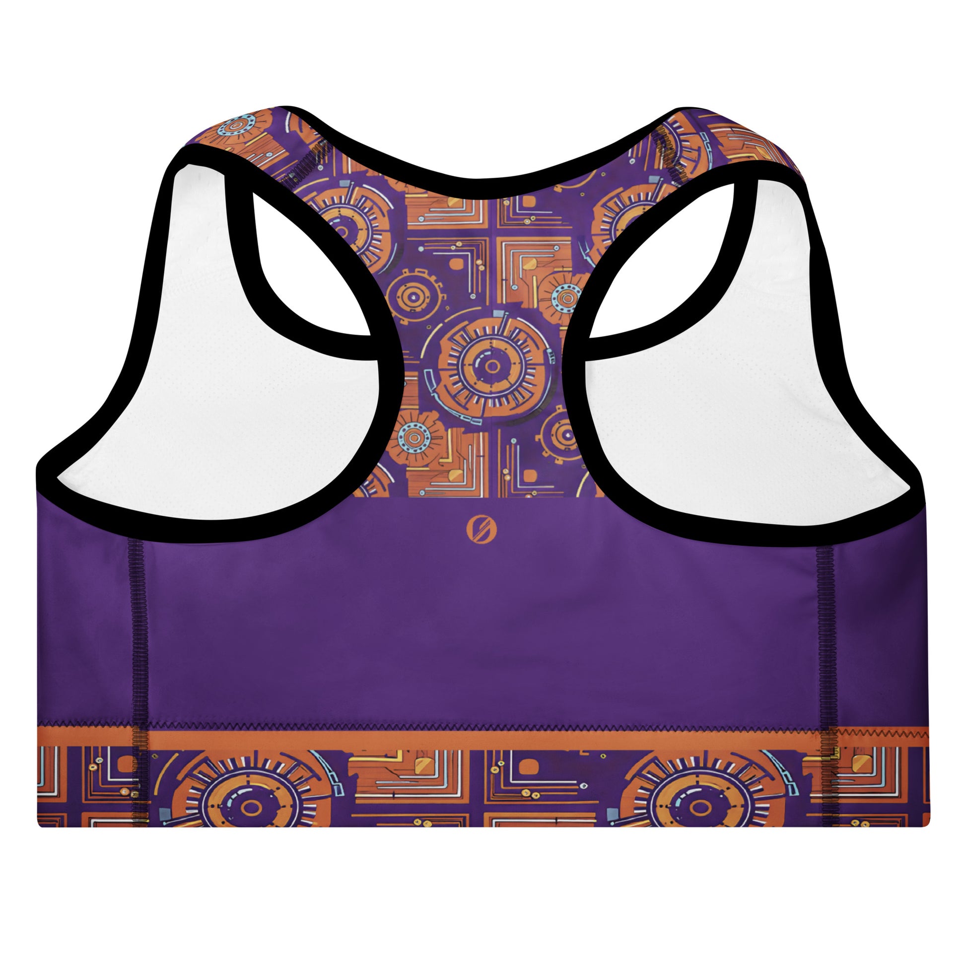 Sankofa Padded Sports Bra in the Kinetic Engine print, back view showing the racerback.