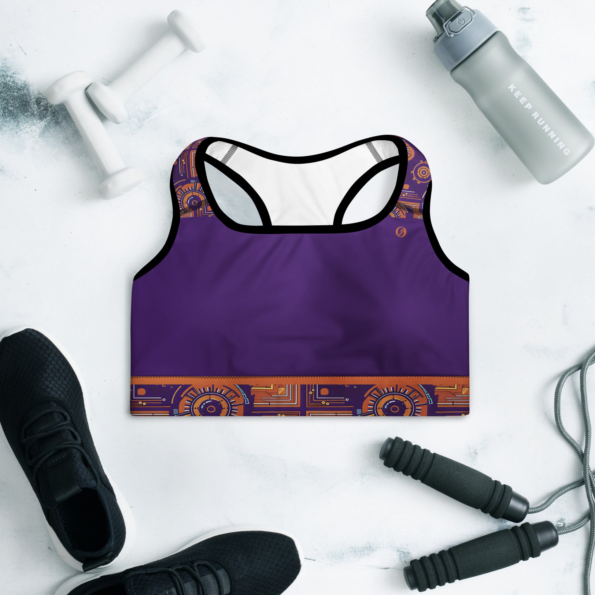 Sankofa Padded Sports Bra in the Kinetic Engine print, front view, alternate angle.