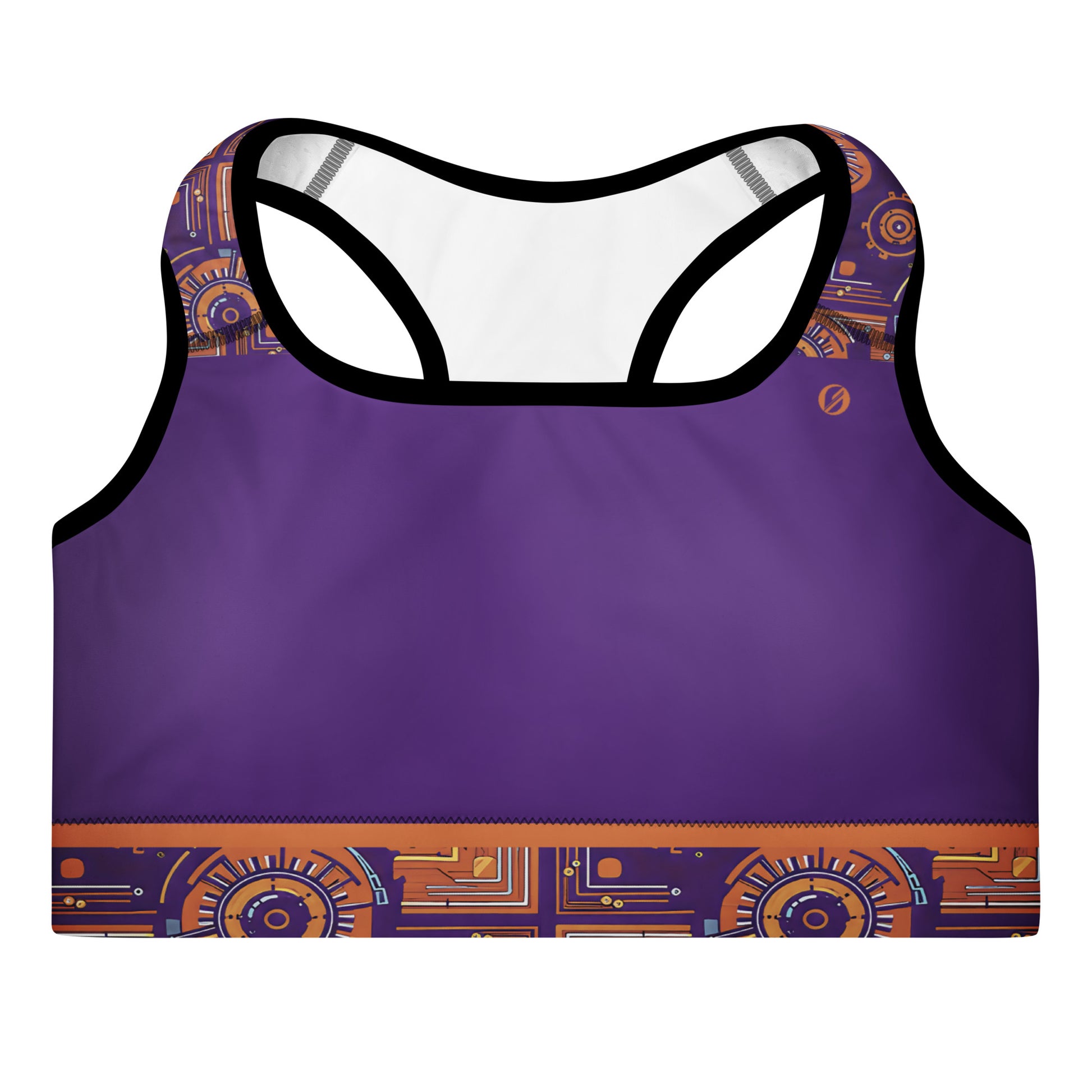 Sankofa Padded Sports Bra in the Kinetic Engine print, front view showing the scoop neckline.