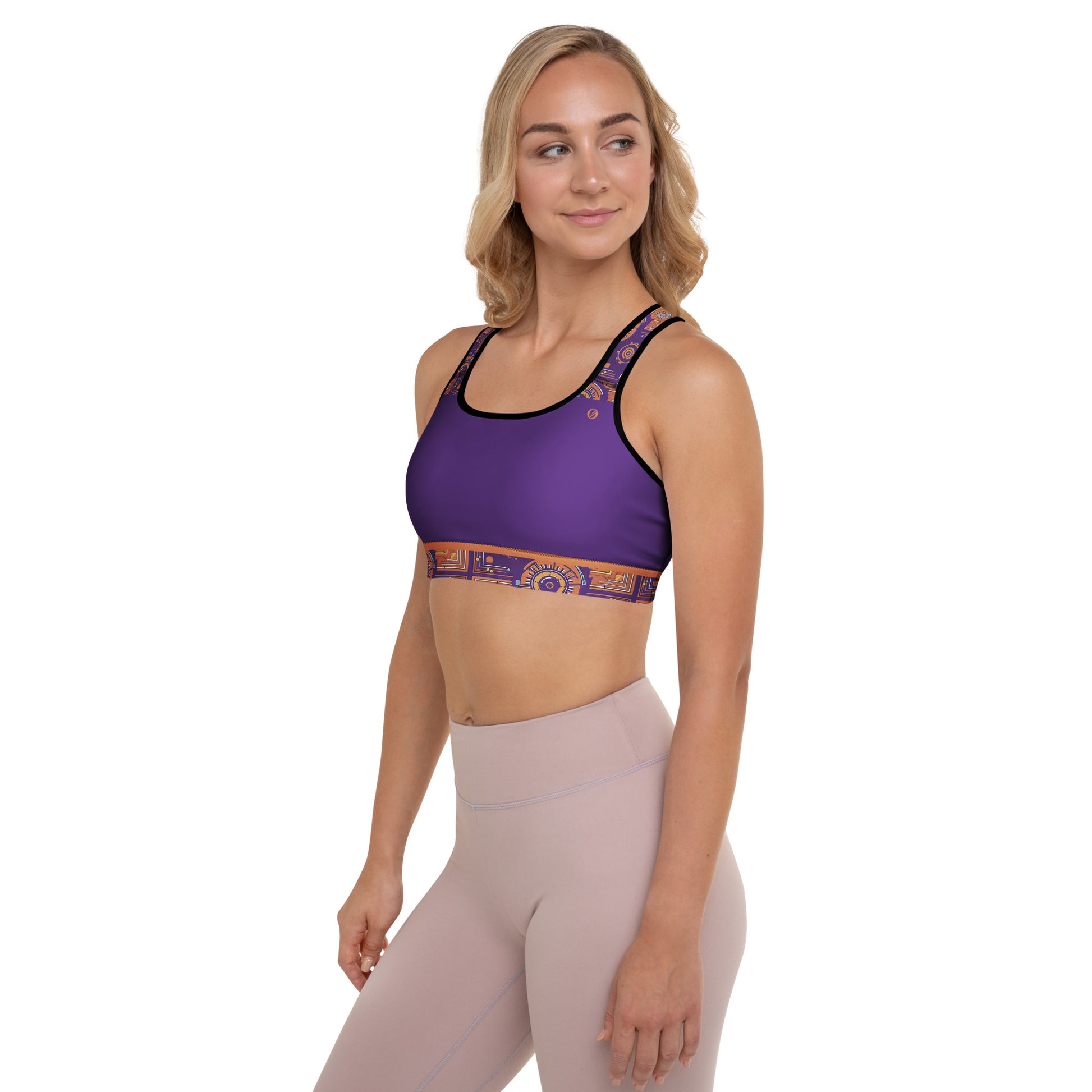 Sankofa Padded Sports Bra in the Kinetic Engine print, left side view.