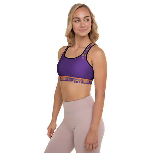 Sankofa Padded Sports Bra in the Kinetic Engine print, left side view.