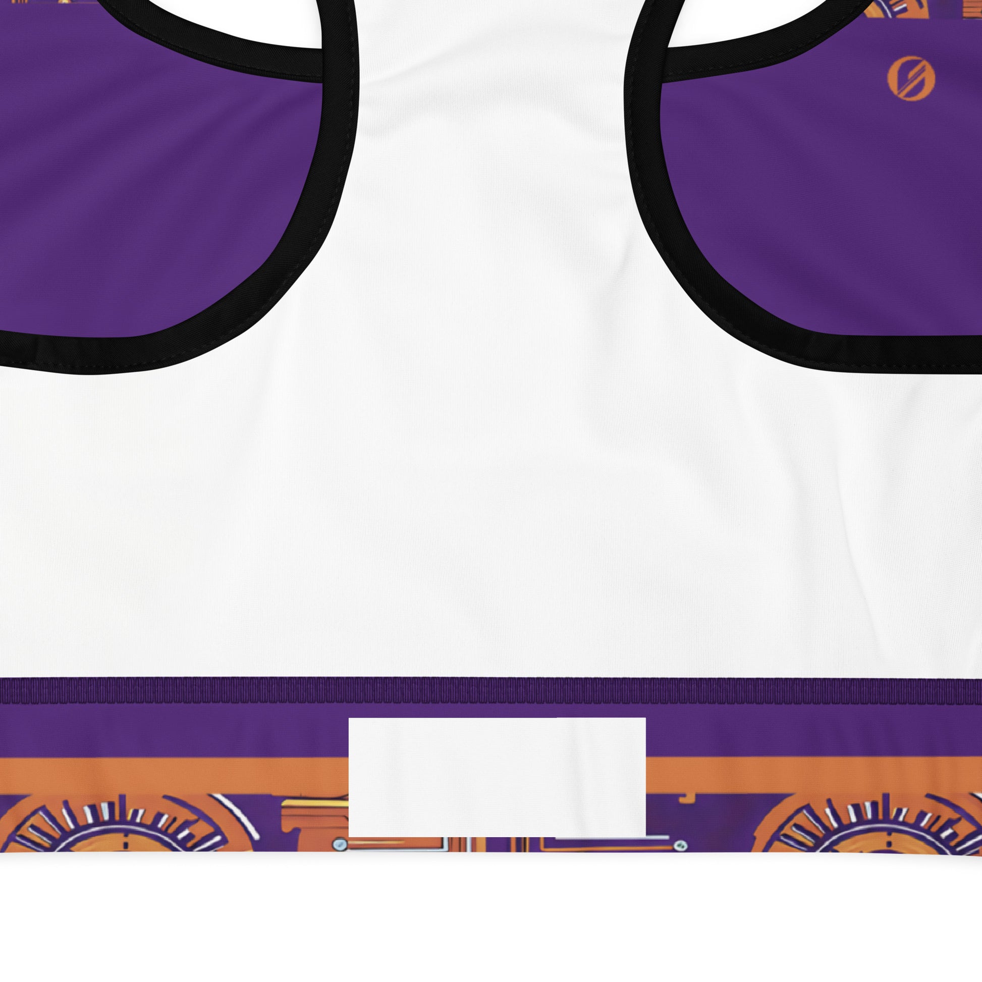 Close-up of the purple, burnt orange and cyan Kinetic Engine print and stitching on the Sankofa Padded Sports Bra.