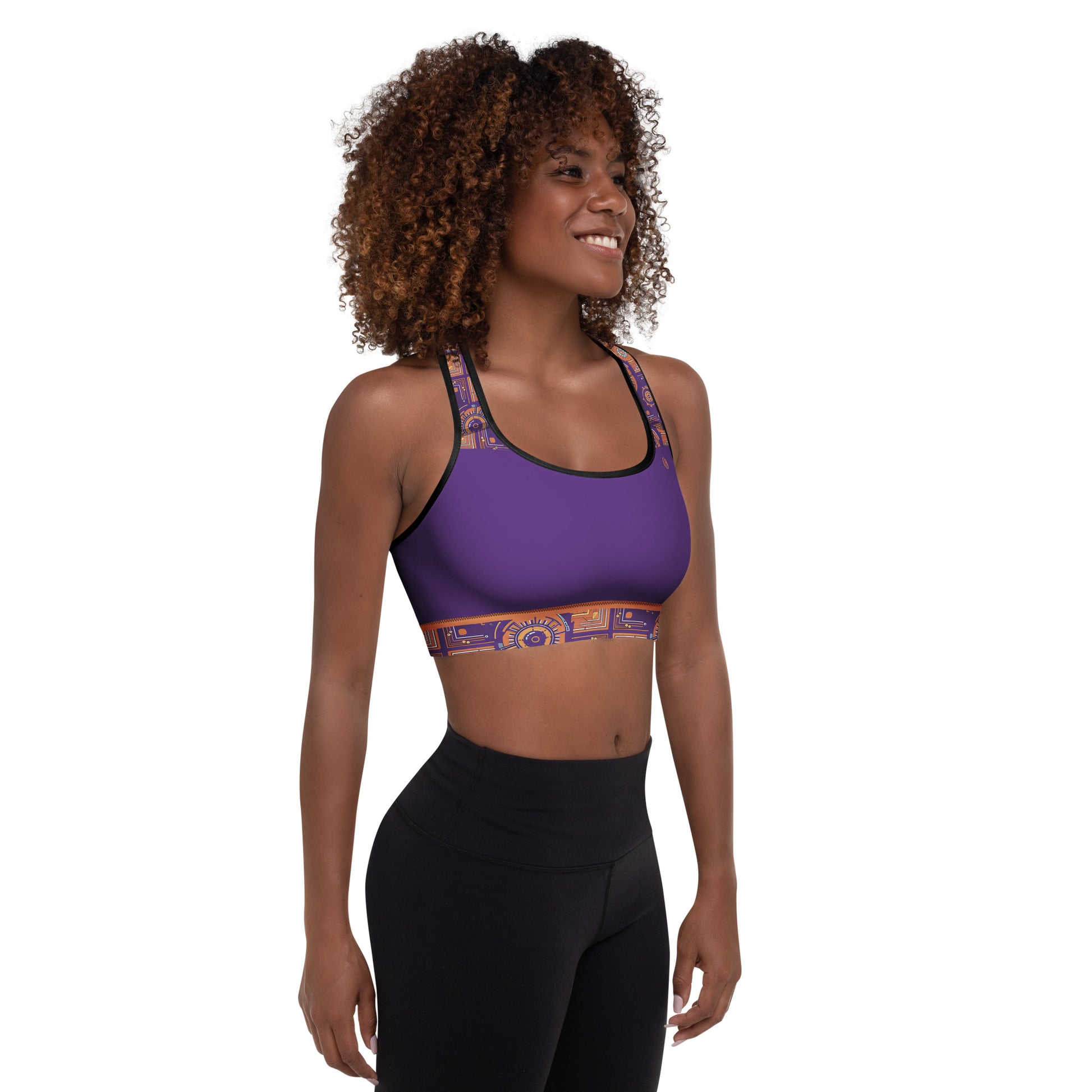 Sankofa Padded Sports Bra in the Kinetic Engine print, right side view.