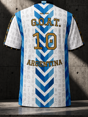 G.O.A.T. // Argentina // Jersey — ghost mannequin back, G.O.A.T. 10 ARGENTINA with 2005 – 2026 and Argentine flag tab at the nape — SunBorn