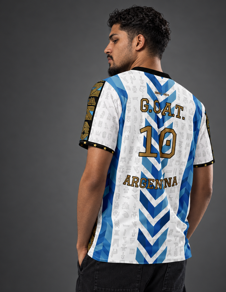 G.O.A.T. // Argentina // Jersey — back on model, G.O.A.T. 10 in bronze lettering — SunBorn