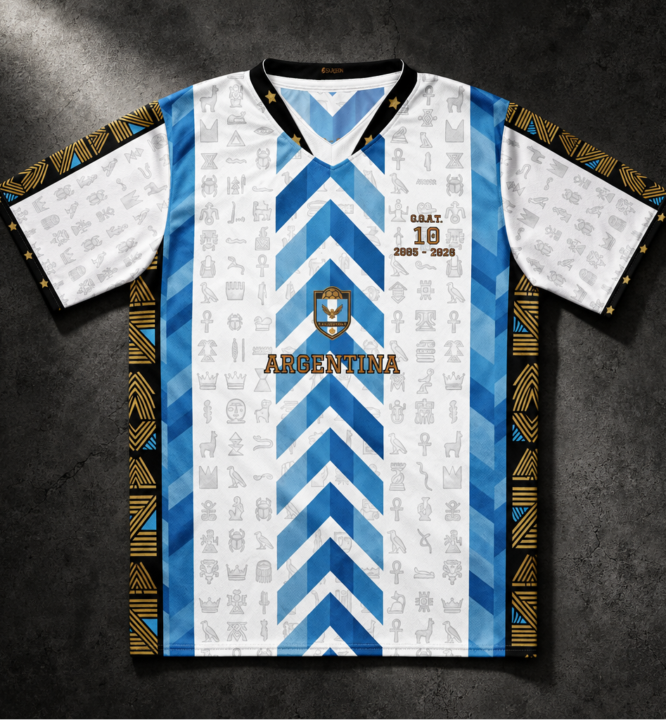 G.O.A.T. // Argentina // Jersey — flat lay front, LA ALBICELESTE crest, ARGENTINA wordmark and black-and-gold side panels — SunBorn