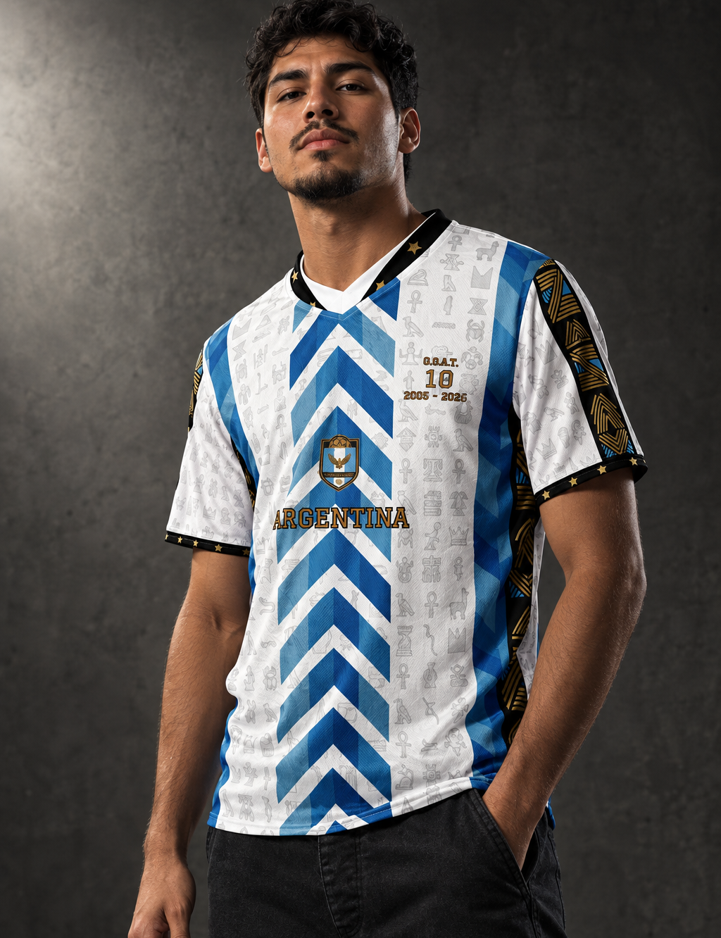 G.O.A.T. // Argentina // Jersey — front on model, G.O.A.T. 10 2005 – 2026 chest stack, sky-blue stripes and chevrons — SunBorn