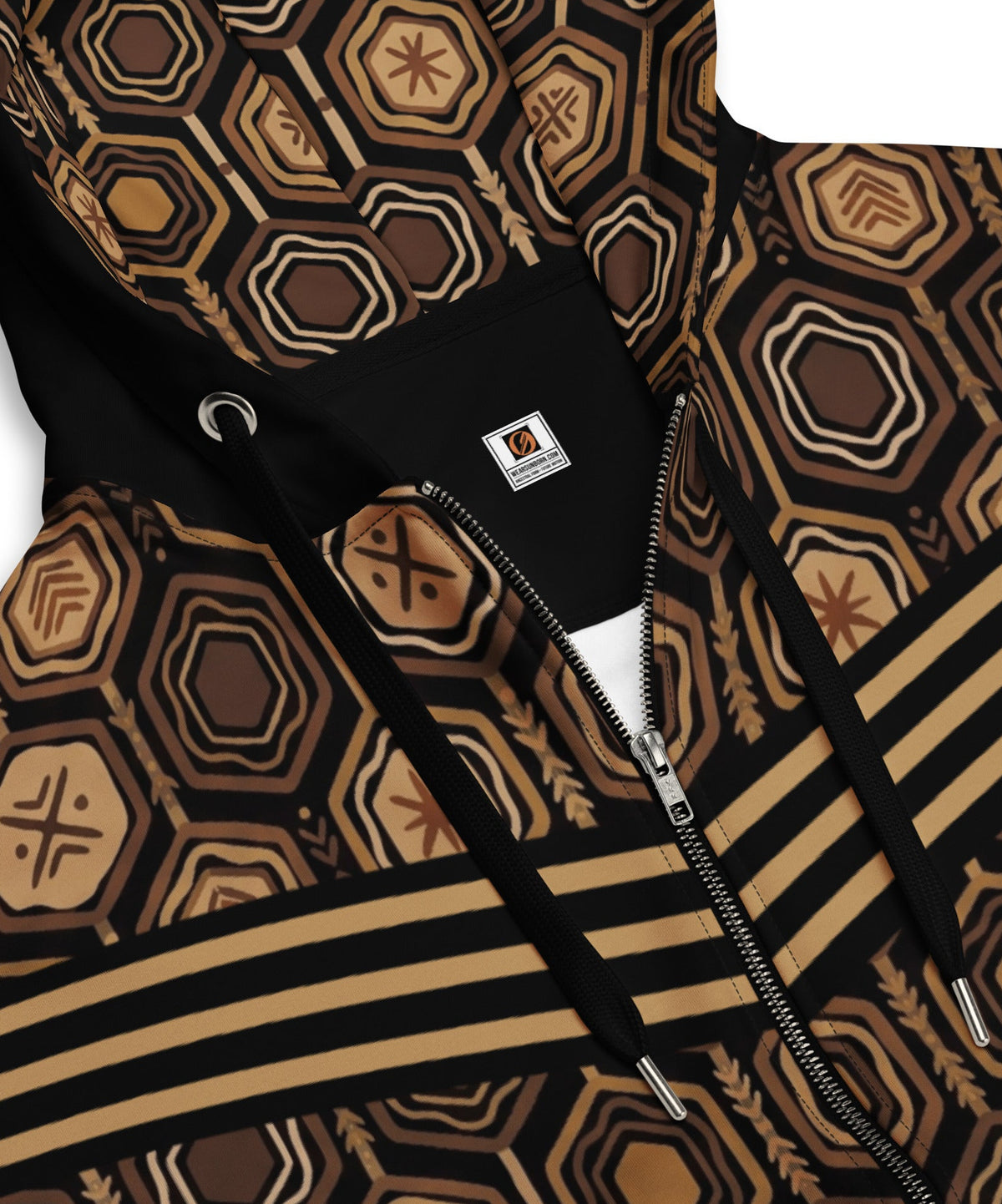 AnanseNova™ Zip Hoodie in Oji Black, close-up of hood, drawstrings, zipper and bronze chest stripes