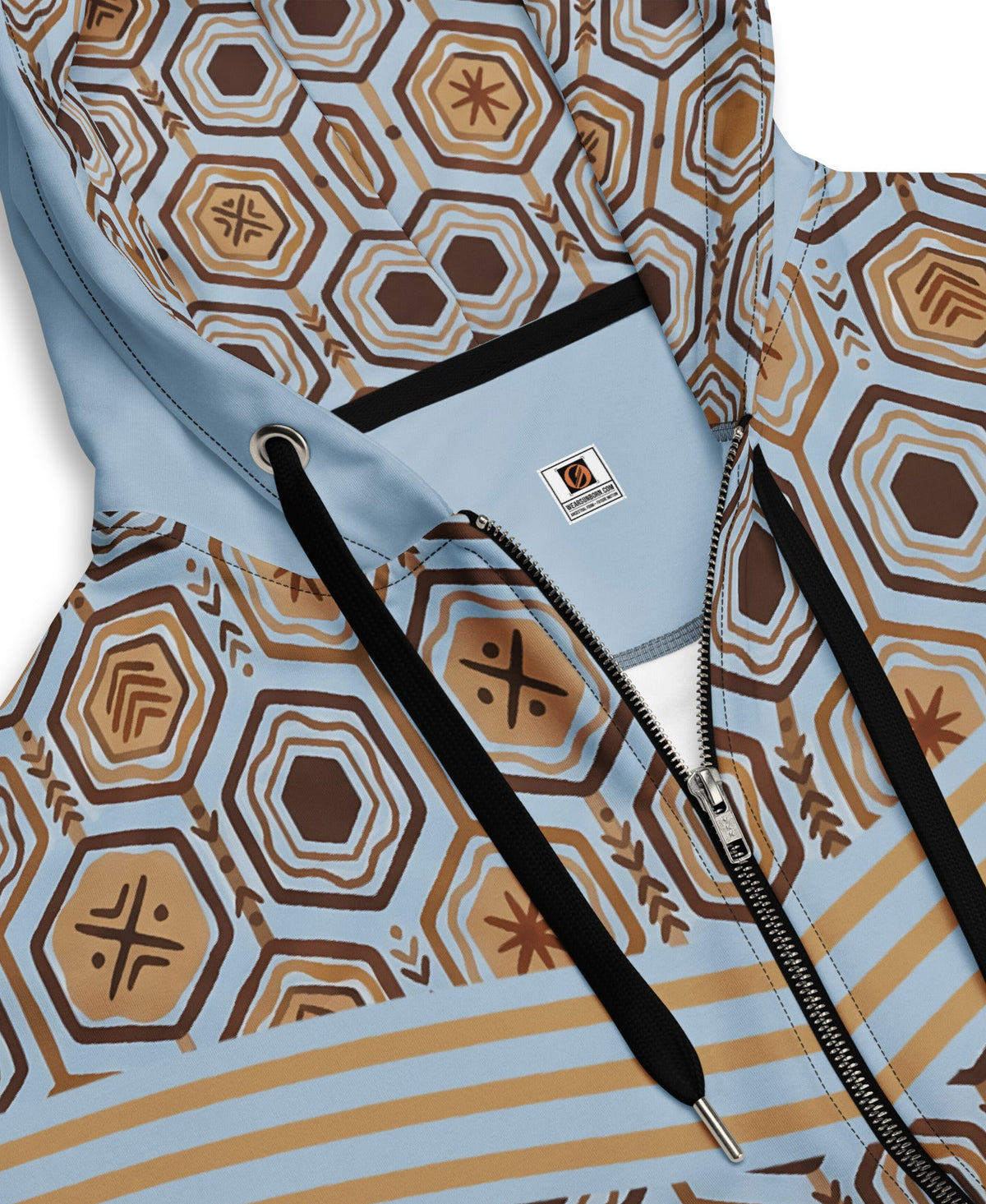AnanseNova™ Zip Hoodie in Igwe Blue, close-up of hood, drawstrings, zipper and bronze chest stripes