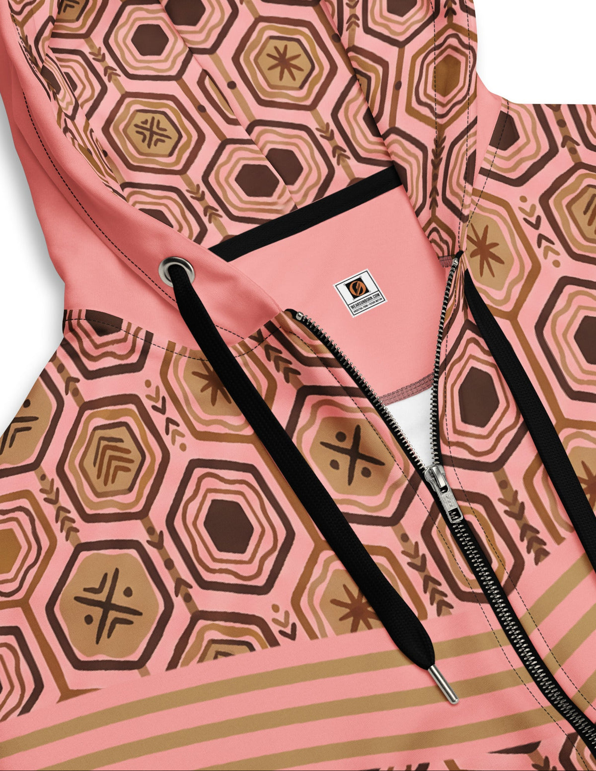 AnanseNova™ Zip Hoodie in Eze Pink, close-up of hood, drawstrings, zipper and bronze chest stripes