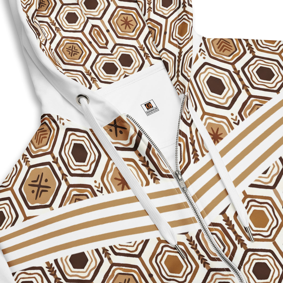 AnanseNova™ Zip Hoodie in Ocha White, close-up of hood, drawstrings, zipper and bronze chest stripes