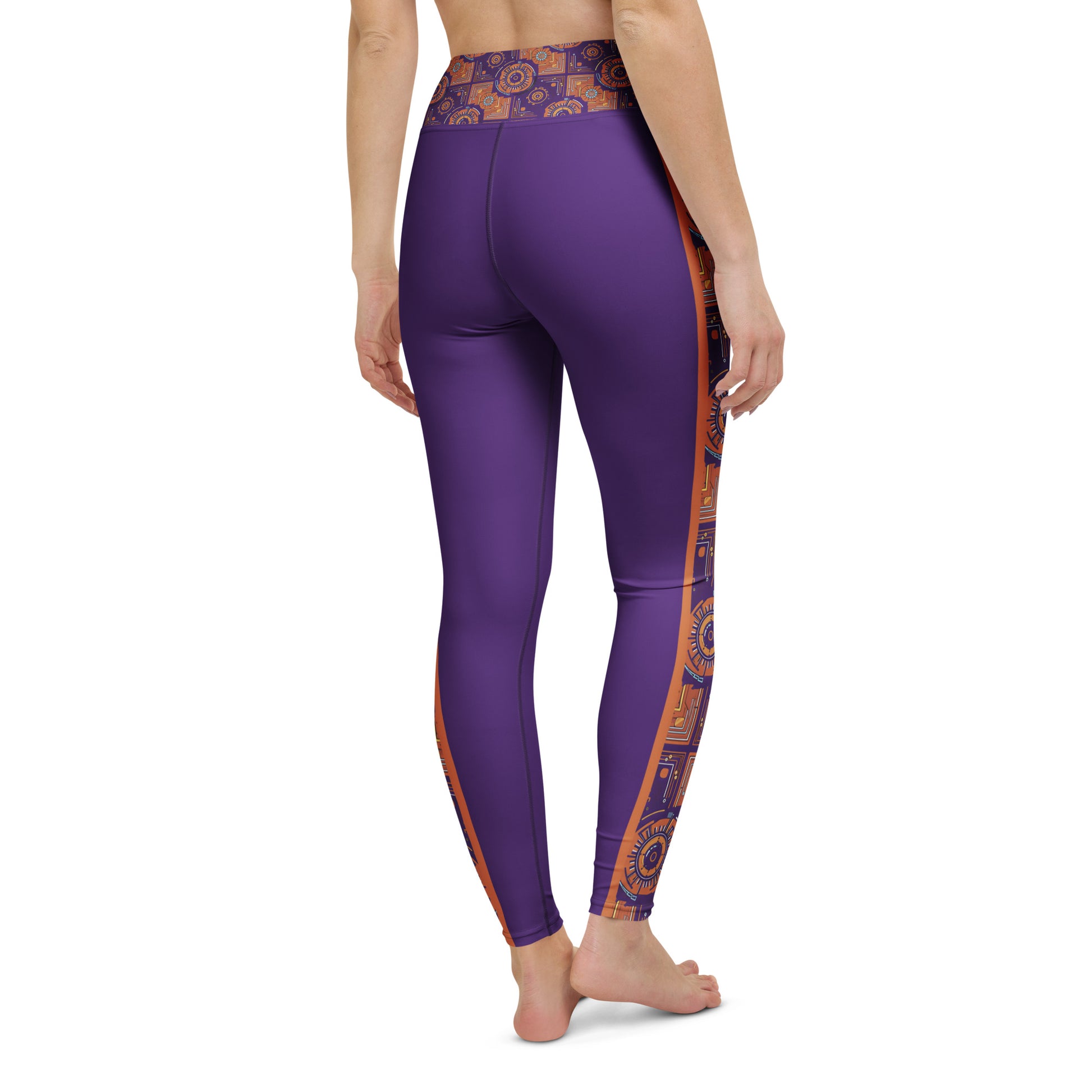 Sankofa Yoga Leggings in the Kinetic Engine print, back view, third angle.