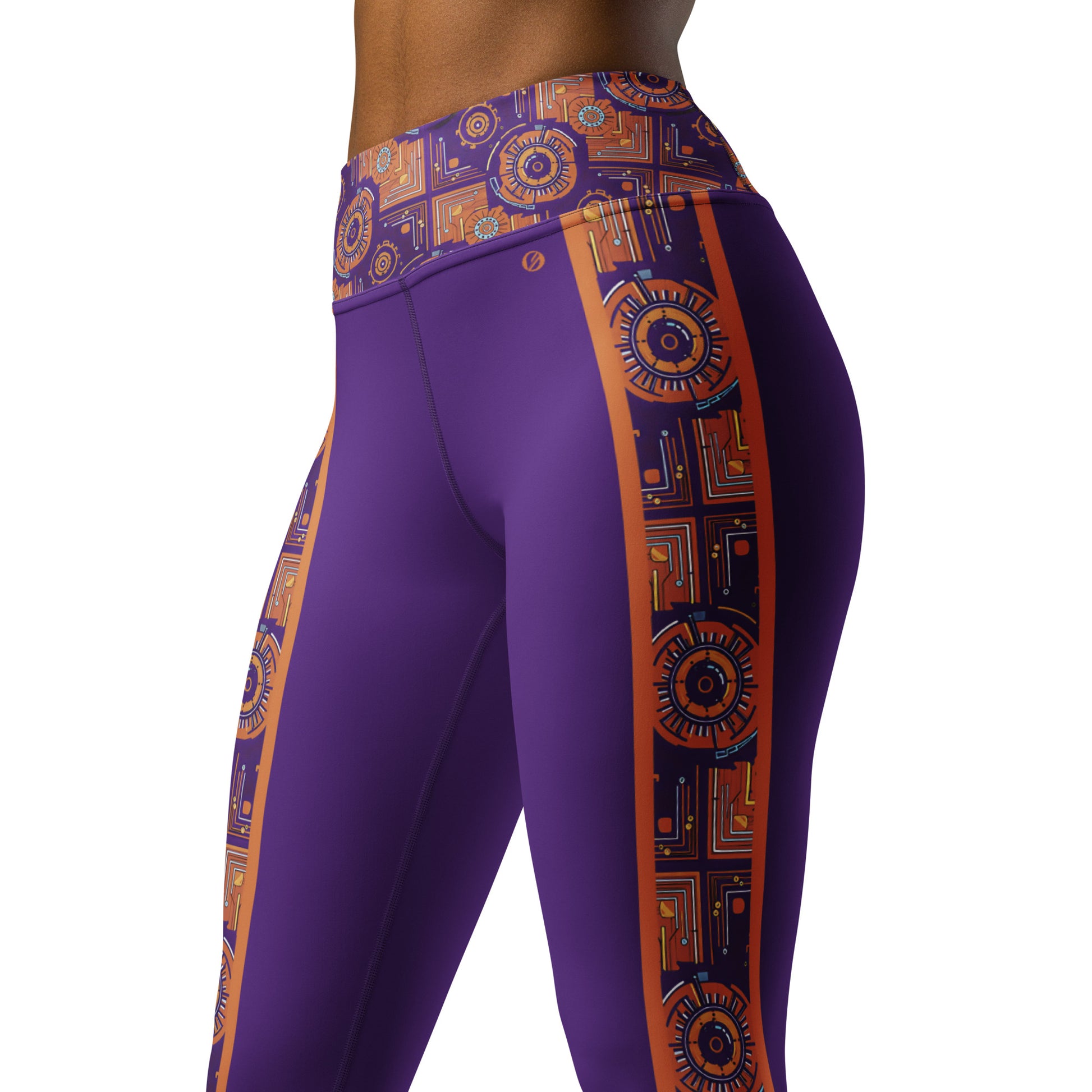 Sankofa Yoga Leggings in the purple, burnt orange and cyan Kinetic Engine print, front left three-quarter view.