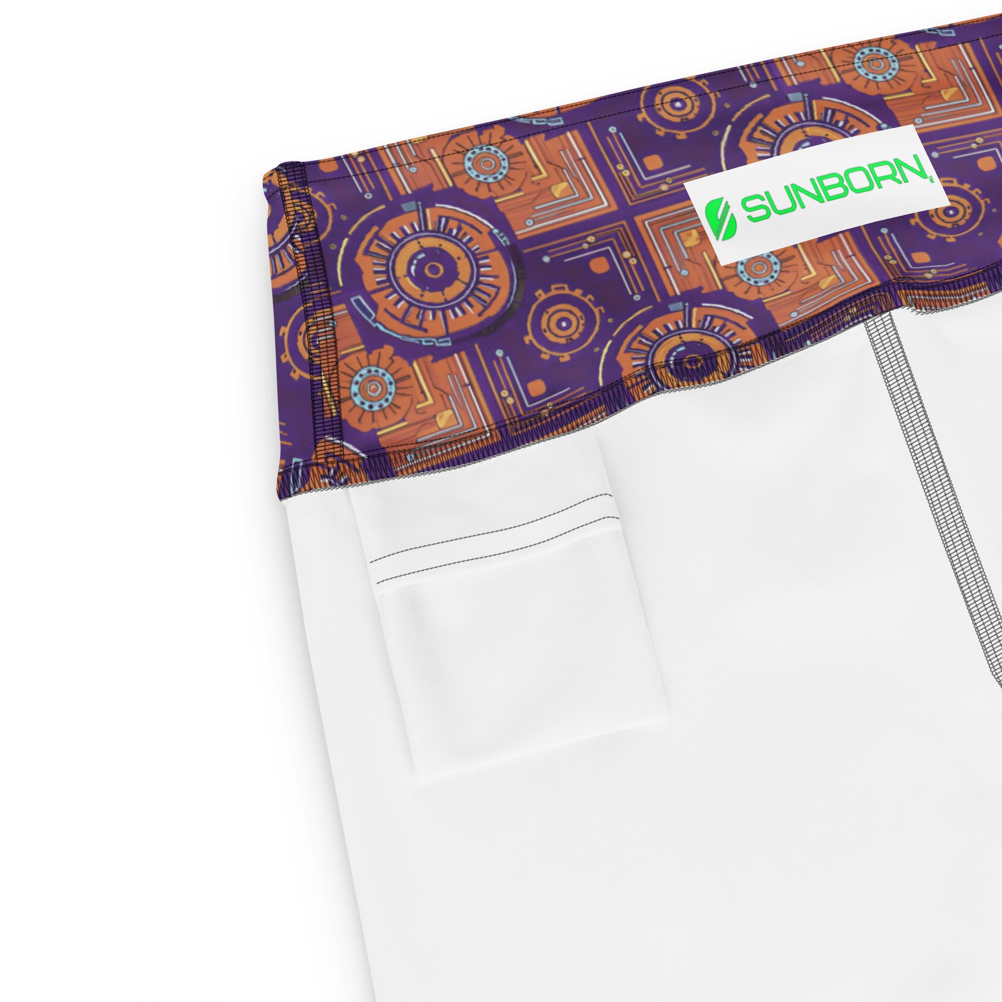 Close-up of the raised waistband on the Sankofa Yoga Leggings in the Kinetic Engine print.
