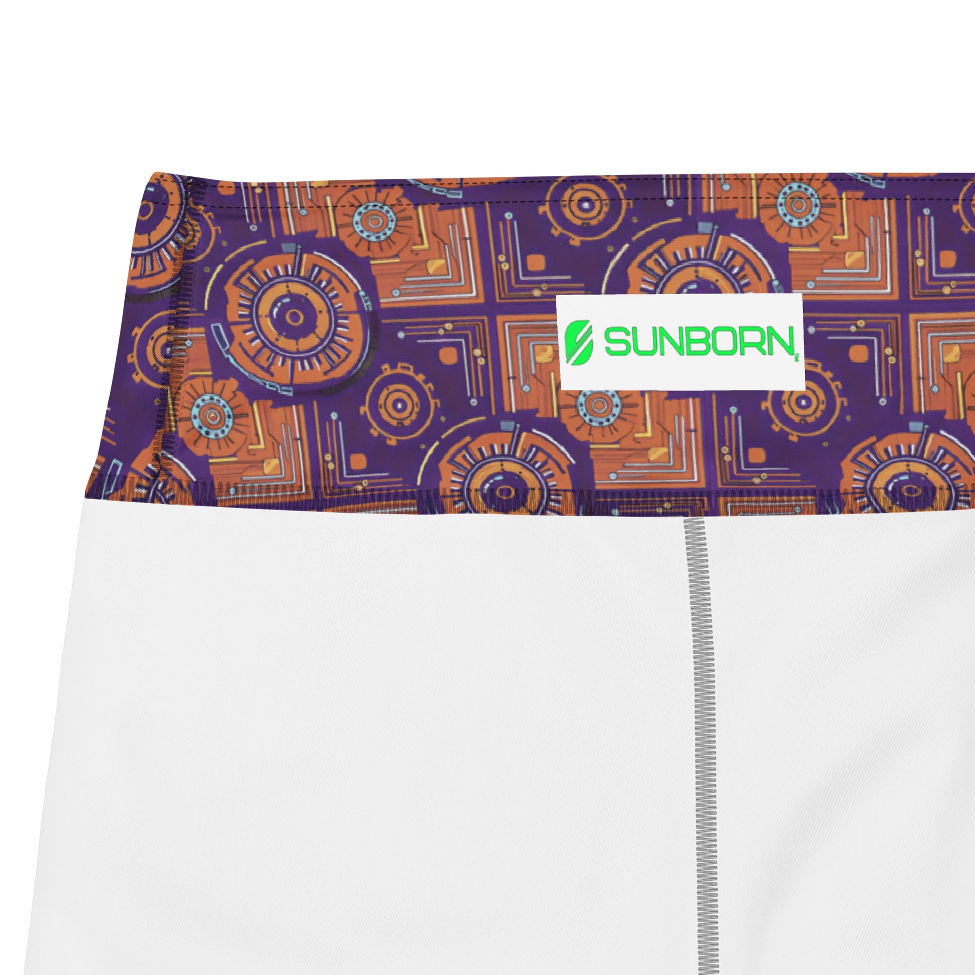 Close-up of the purple, burnt orange and cyan Kinetic Engine print and stitching on the Sankofa Yoga Leggings.