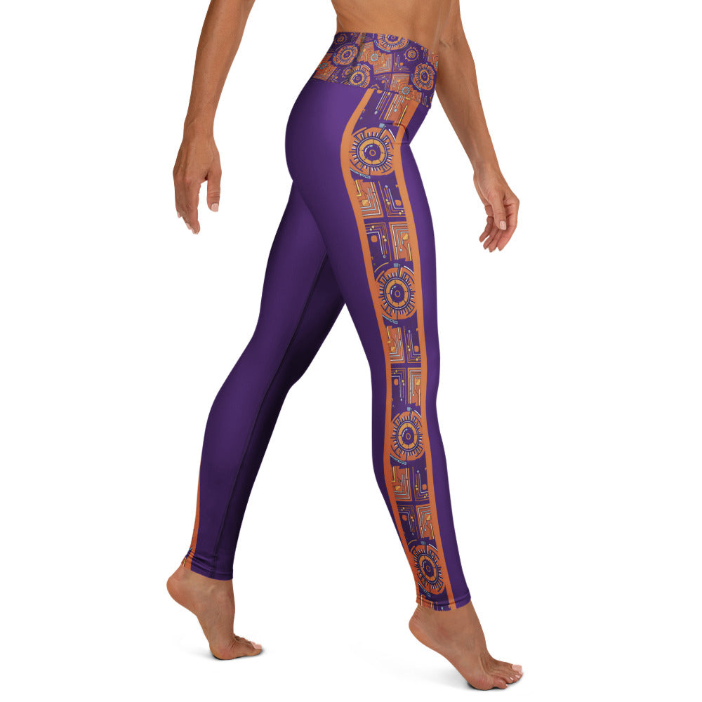 Sankofa Yoga Leggings in the purple, burnt orange and cyan Kinetic Engine print, right side view.