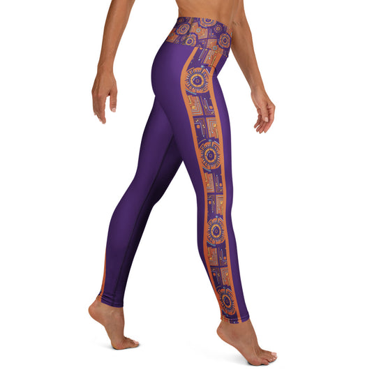 Sankofa Yoga Leggings in the purple, burnt orange and cyan Kinetic Engine print, right side view.