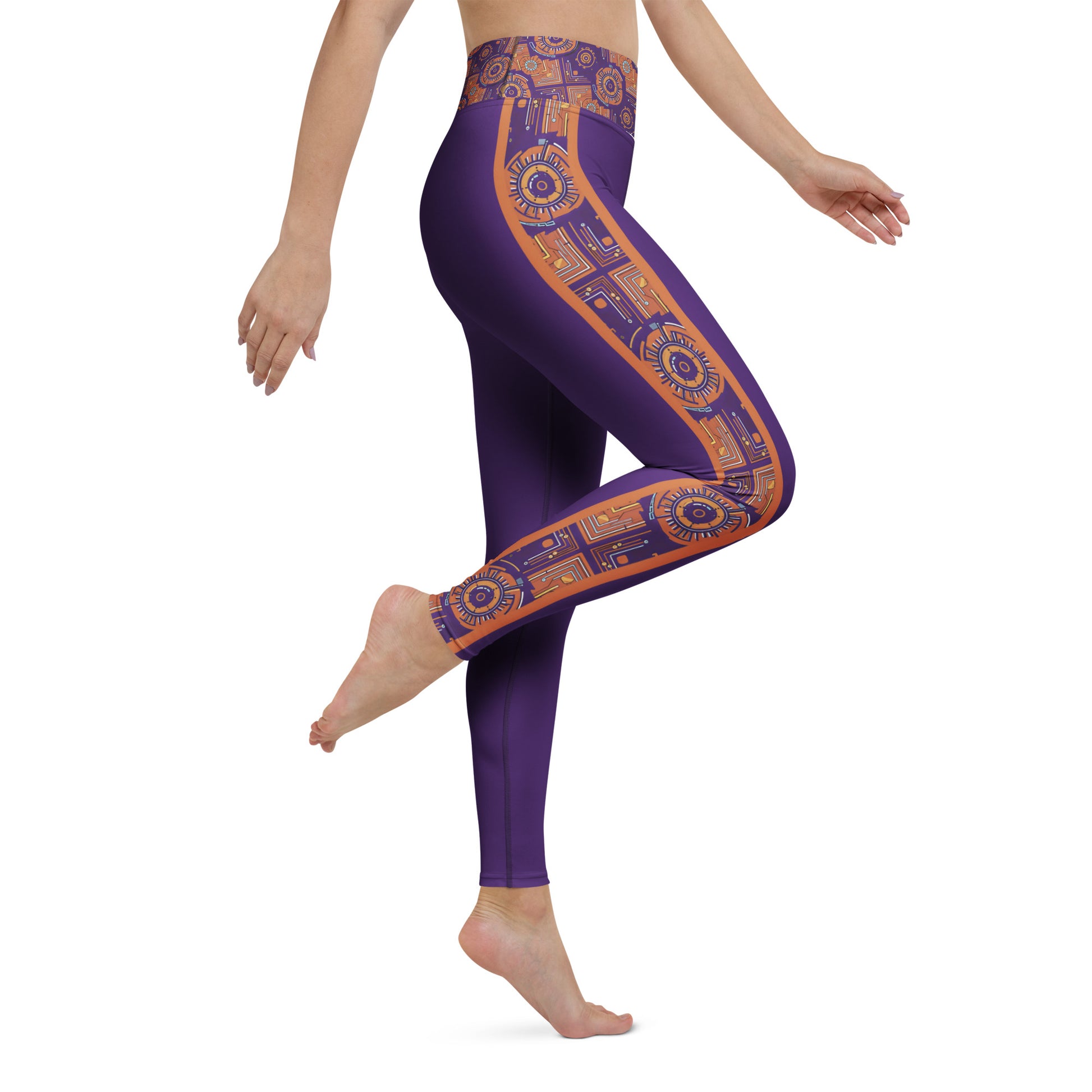 Sankofa Yoga Leggings in the Kinetic Engine print, right side view, third angle.