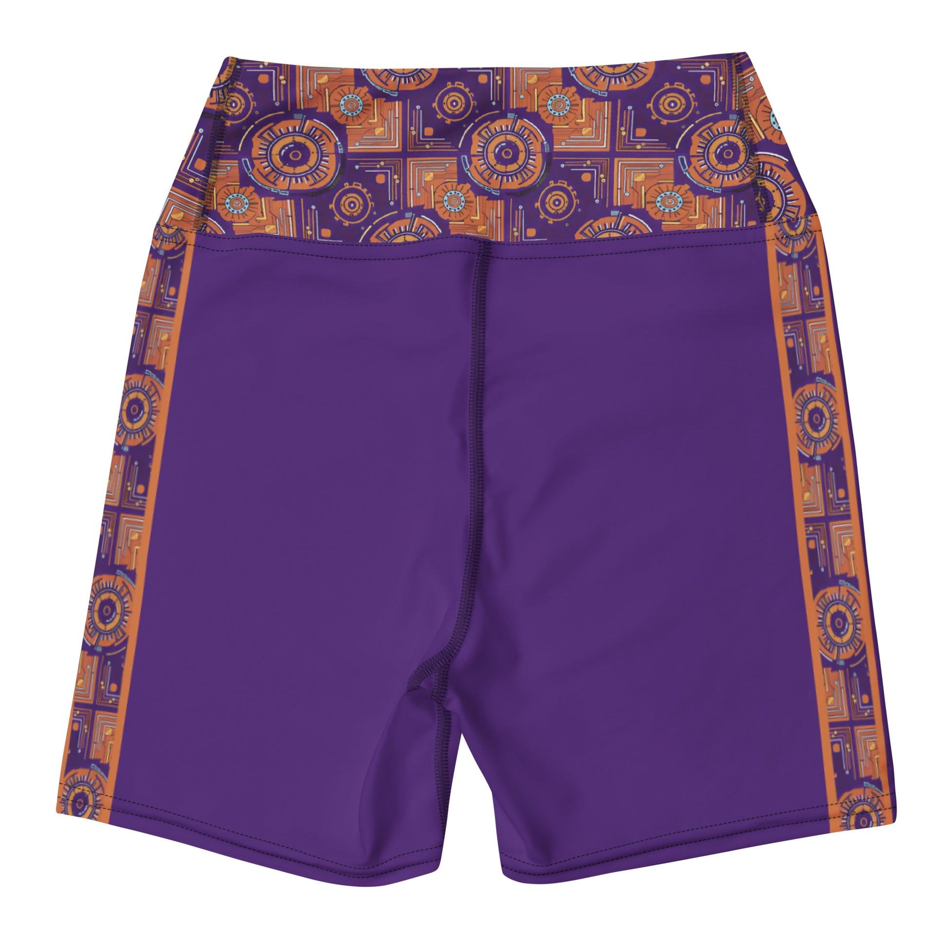 Sankofa Yoga Shorts in the purple, burnt orange and cyan Kinetic Engine print, back view.
