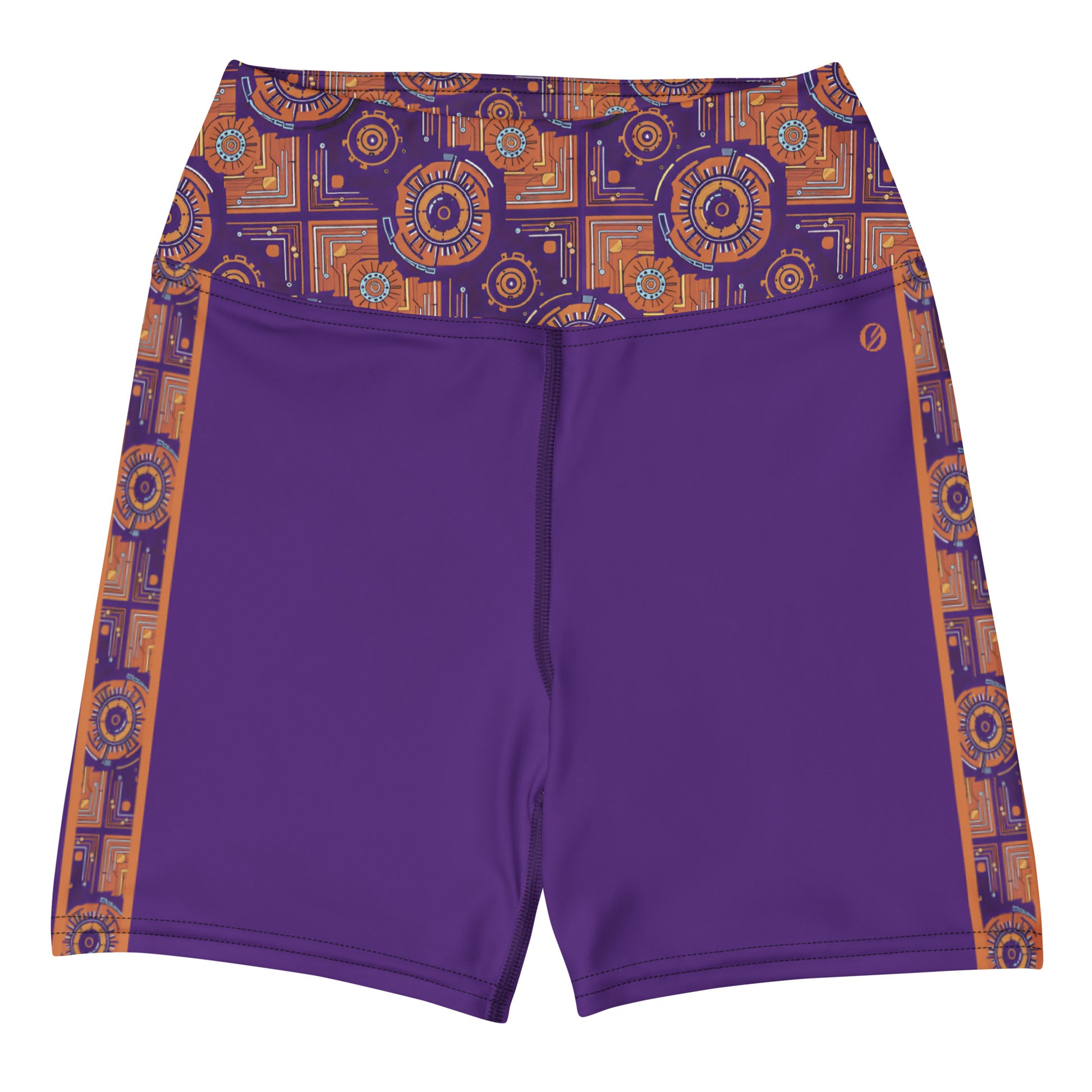 Sankofa Yoga Shorts in the Kinetic Engine print, front view, alternate angle.