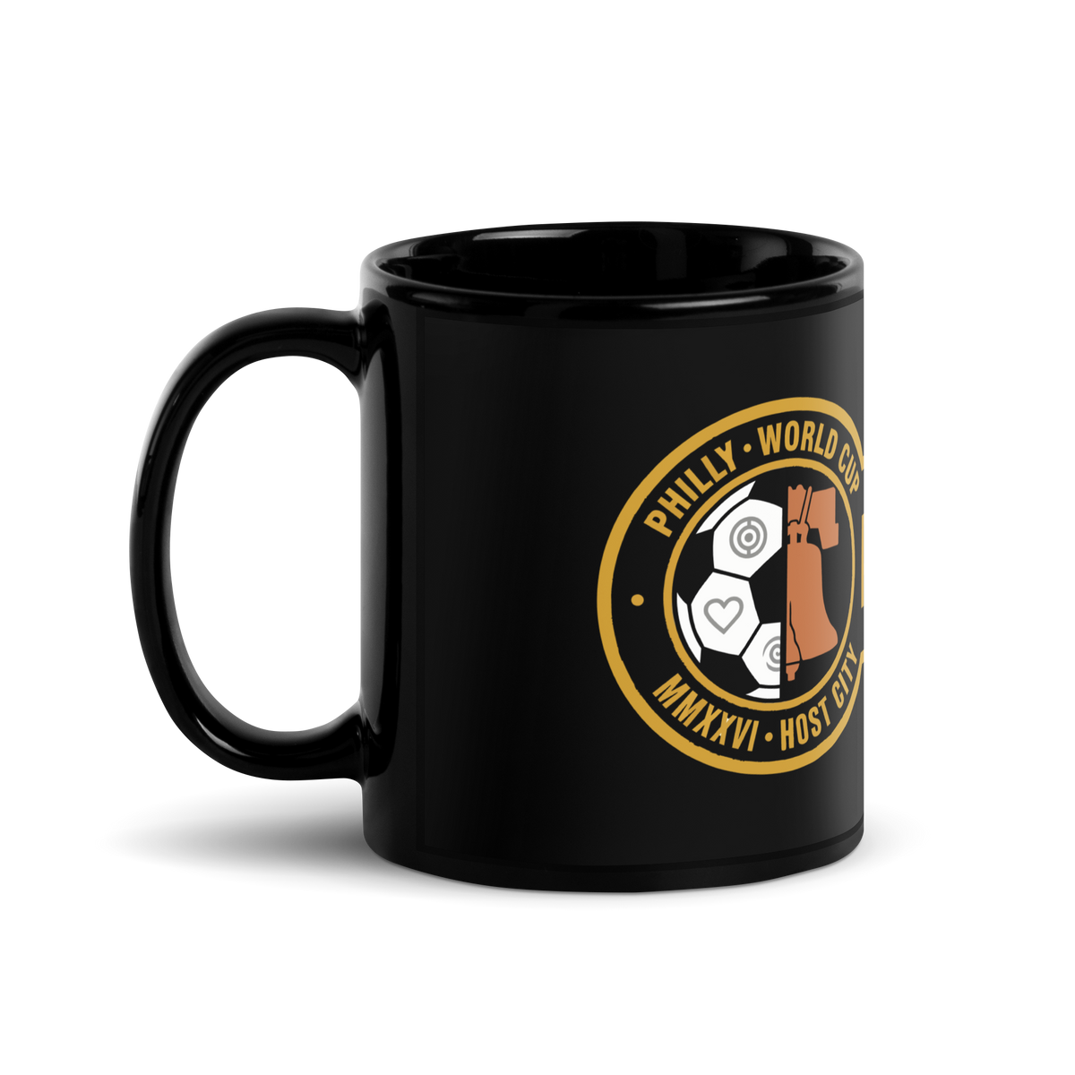 Liberty Protocol Philly '26 Mug — Black Glossy 11oz, handle-left angle
