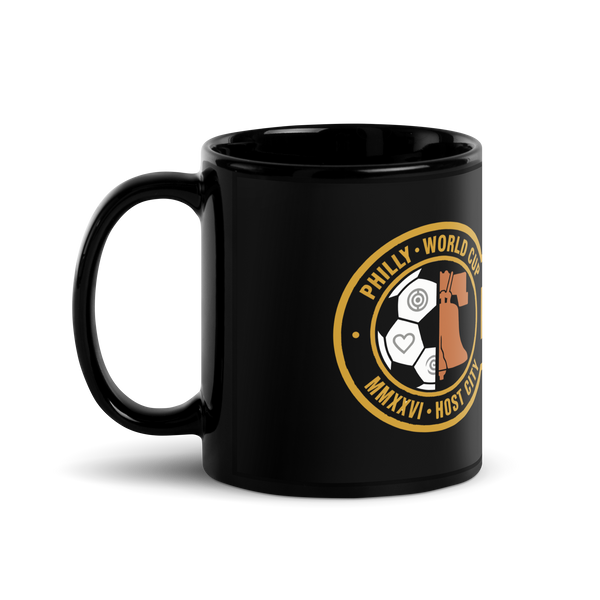 Liberty Protocol Philly '26 Mug — Black Glossy 11oz, handle-left angle
