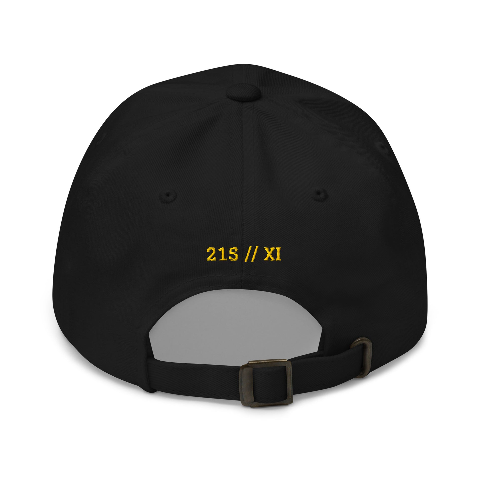 Liberty Protocol // Philly '26 Dad Hat — black back view, 215 // XI gold-thread stamp with antique-buckle adjustable strap | SunBorn