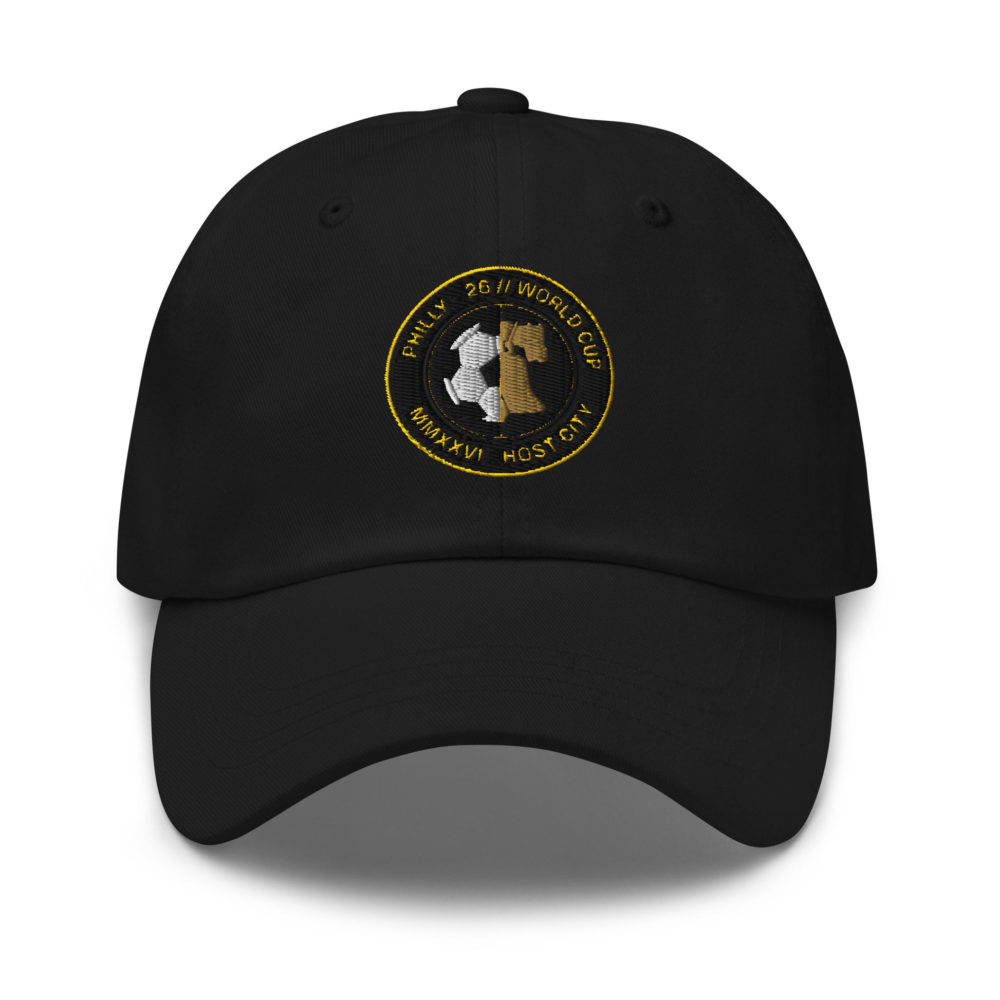 Liberty Protocol // Philly '26 Dad Hat — black front view, embroidered Liberty Bell host-city seal in gold and cream thread, Philadelphia World Cup 2026 Host City Series | SunBorn