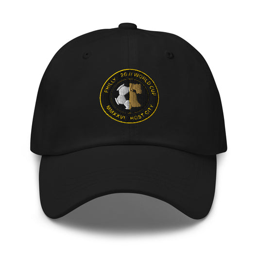 Liberty Protocol // Philly '26 Dad Hat — black front view, embroidered Liberty Bell host-city seal in gold and cream thread, Philadelphia World Cup 2026 Host City Series | SunBorn