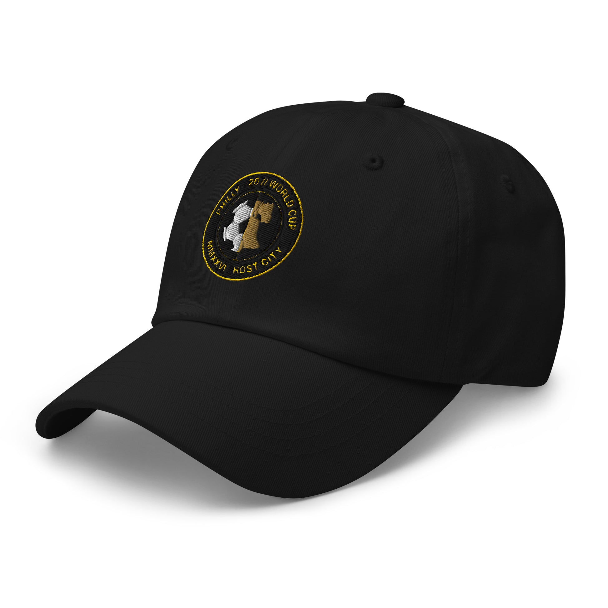 Liberty Protocol // Philly '26 Dad Hat — black left three-quarter view, Philadelphia host city embroidered emblem | SunBorn