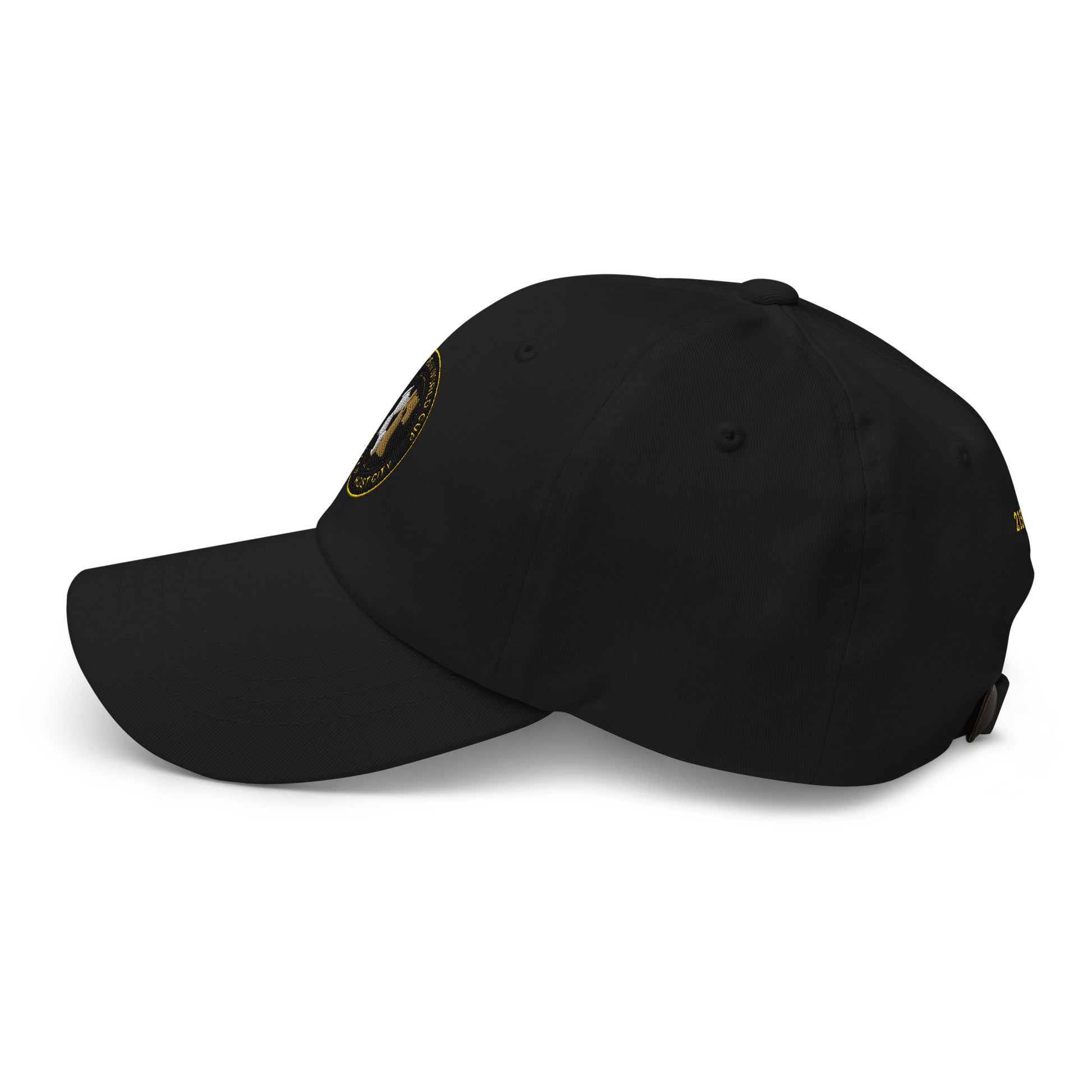 Liberty Protocol // Philly '26 Dad Hat — black left side view, unstructured low-crown silhouette with curved bill | SunBorn