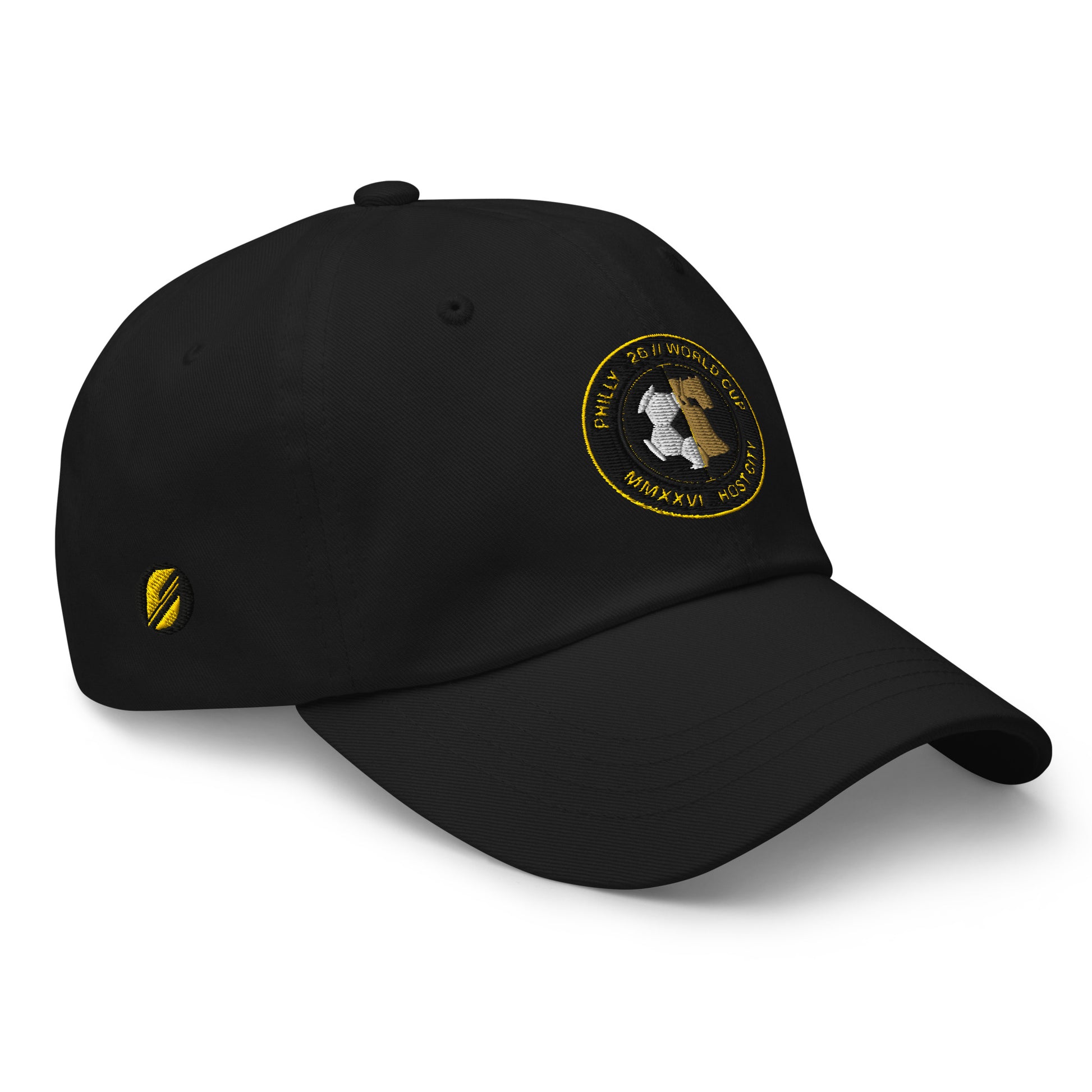 Liberty Protocol // Philly '26 Dad Hat — black right three-quarter view, low-profile 6-panel unstructured cap with Liberty Bell crest | SunBorn