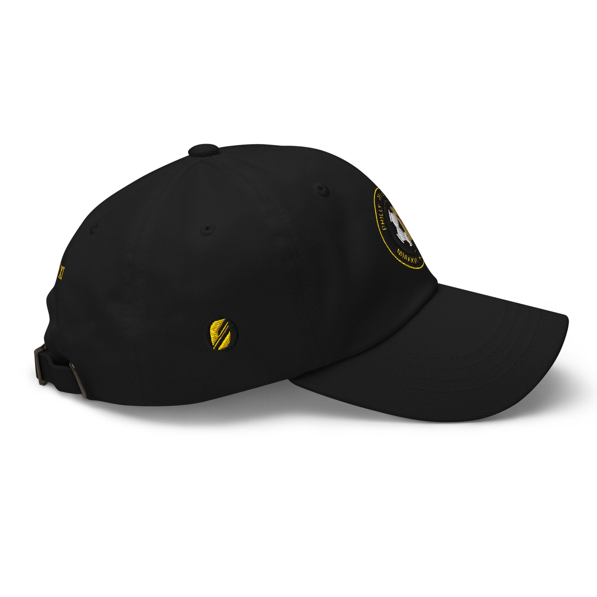 Liberty Protocol // Philly '26 Dad Hat — black right side view, SunBorn ⬤ mark embroidered in gold thread on side panel | SunBorn