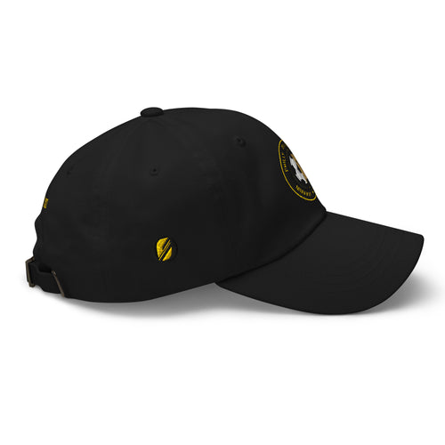 Liberty Protocol // Philly '26 Dad Hat — black right side view, SunBorn ⬤ mark embroidered in gold thread on side panel | SunBorn