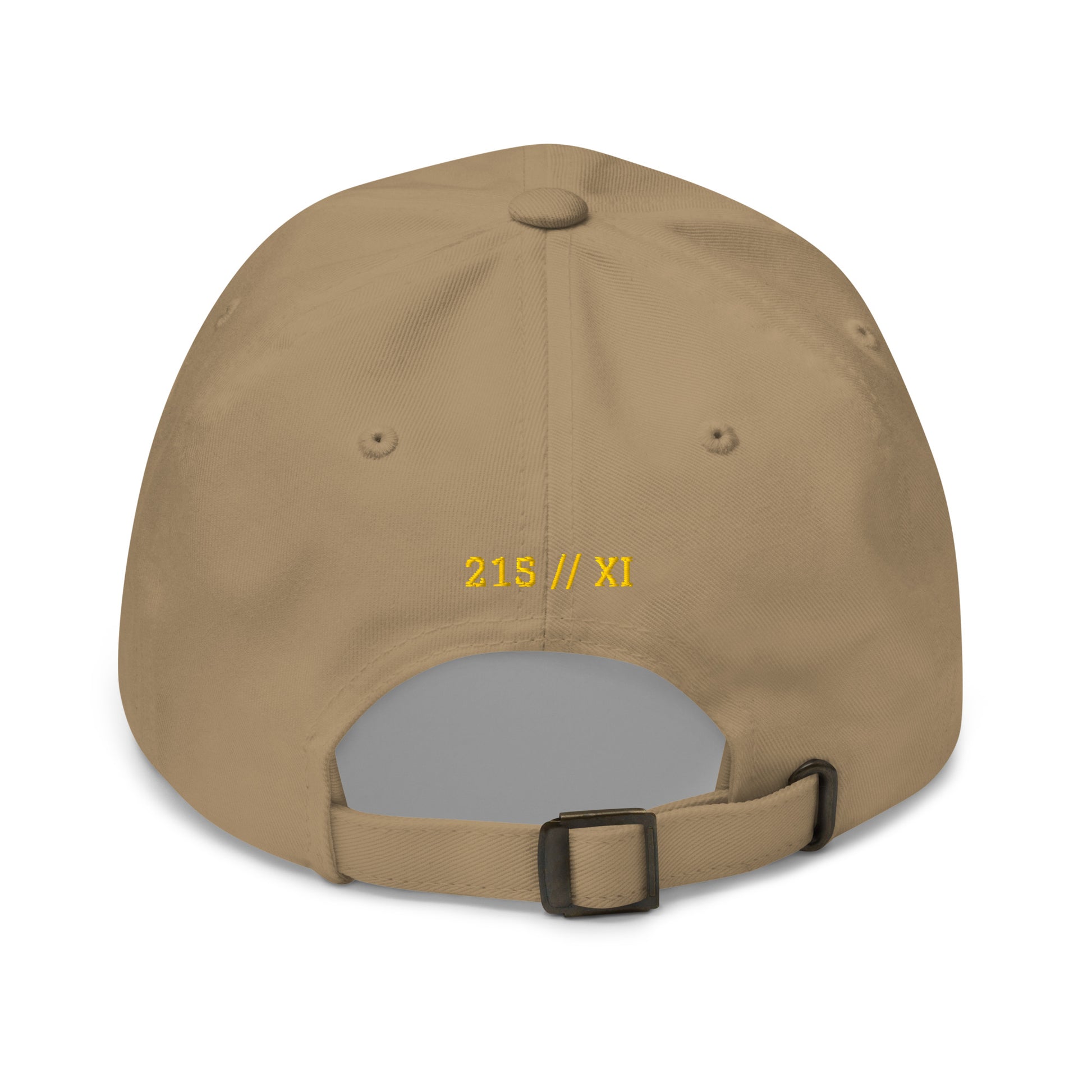 Liberty Protocol // Philly '26 Dad Hat — khaki back view, 215 // XI gold-thread stamp with antique-buckle strap | SunBorn