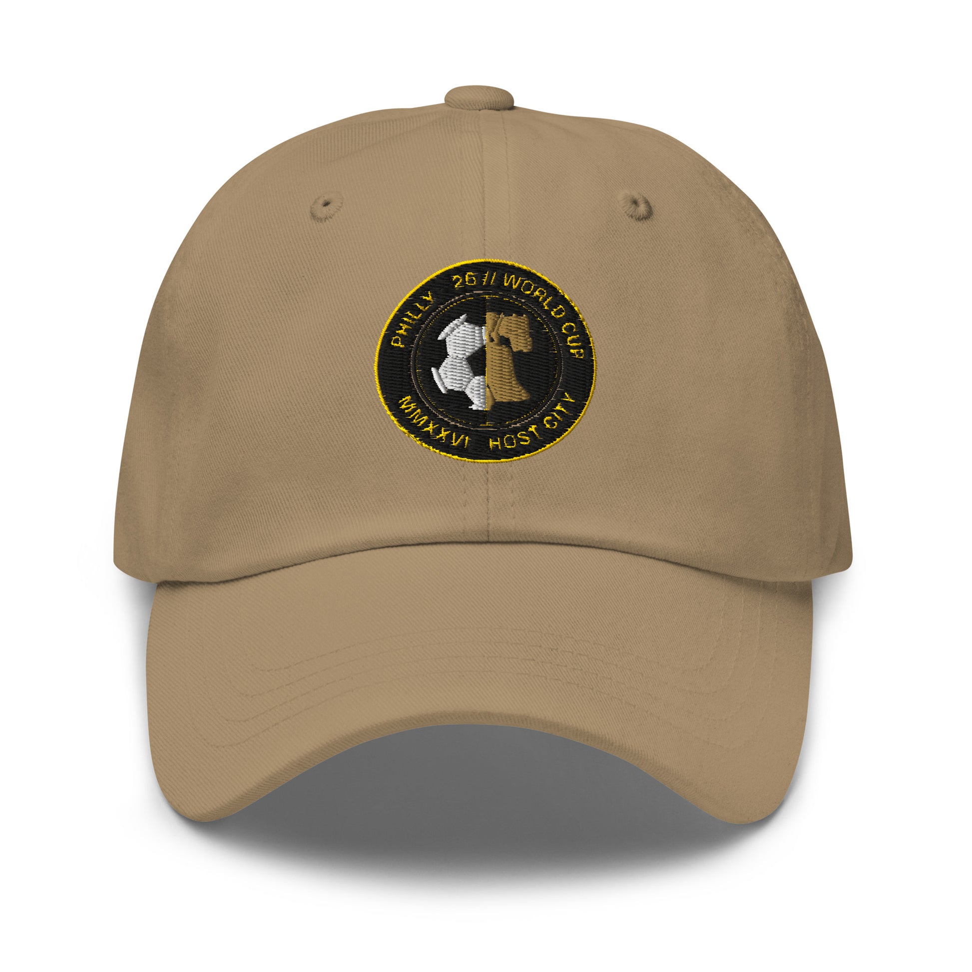 Liberty Protocol // Philly '26 Dad Hat — khaki front view, embroidered Liberty Bell host-city seal in gold and cream thread, Philadelphia World Cup 2026 Host City Series | SunBorn