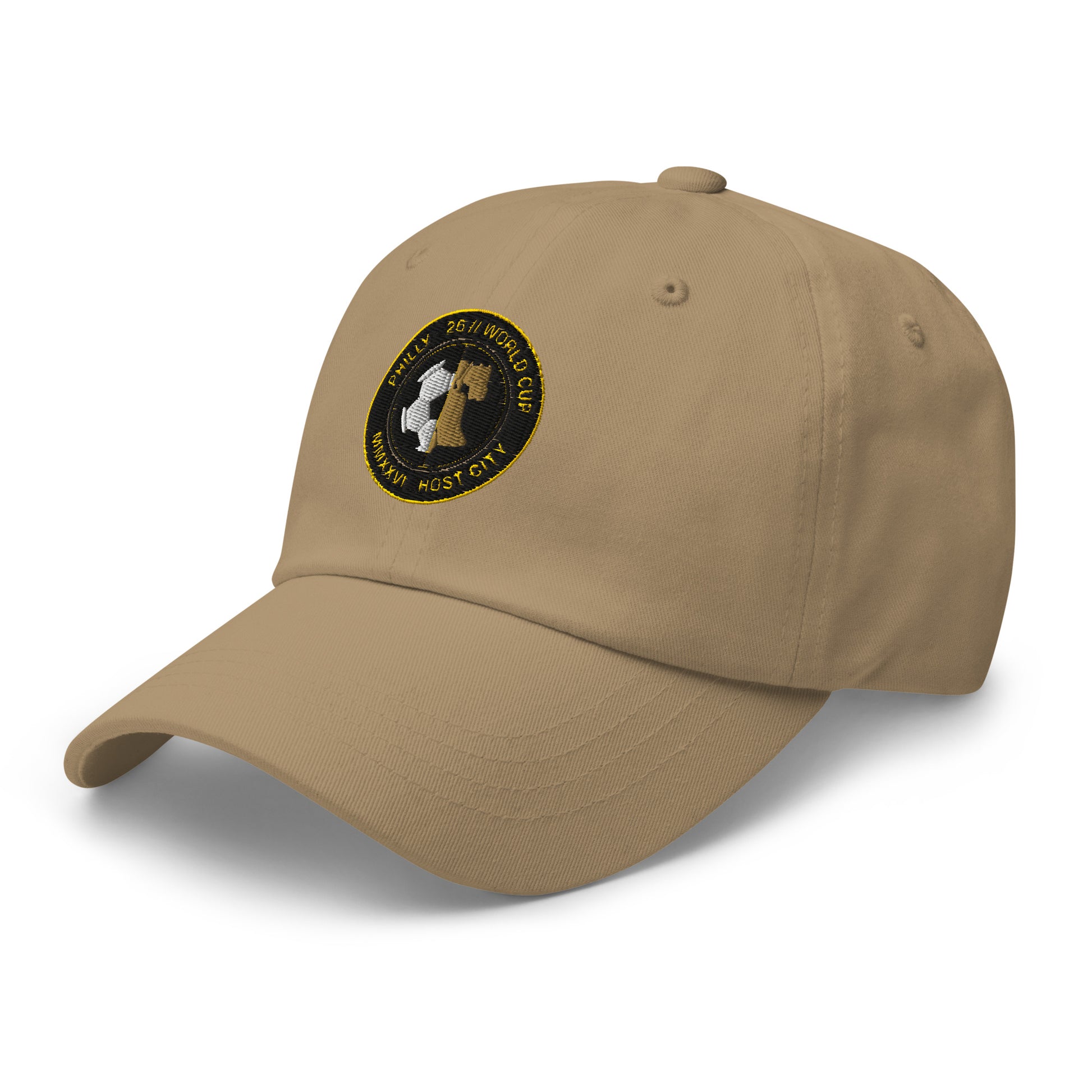 Liberty Protocol // Philly '26 Dad Hat — khaki left three-quarter view, Philadelphia host city embroidered emblem | SunBorn