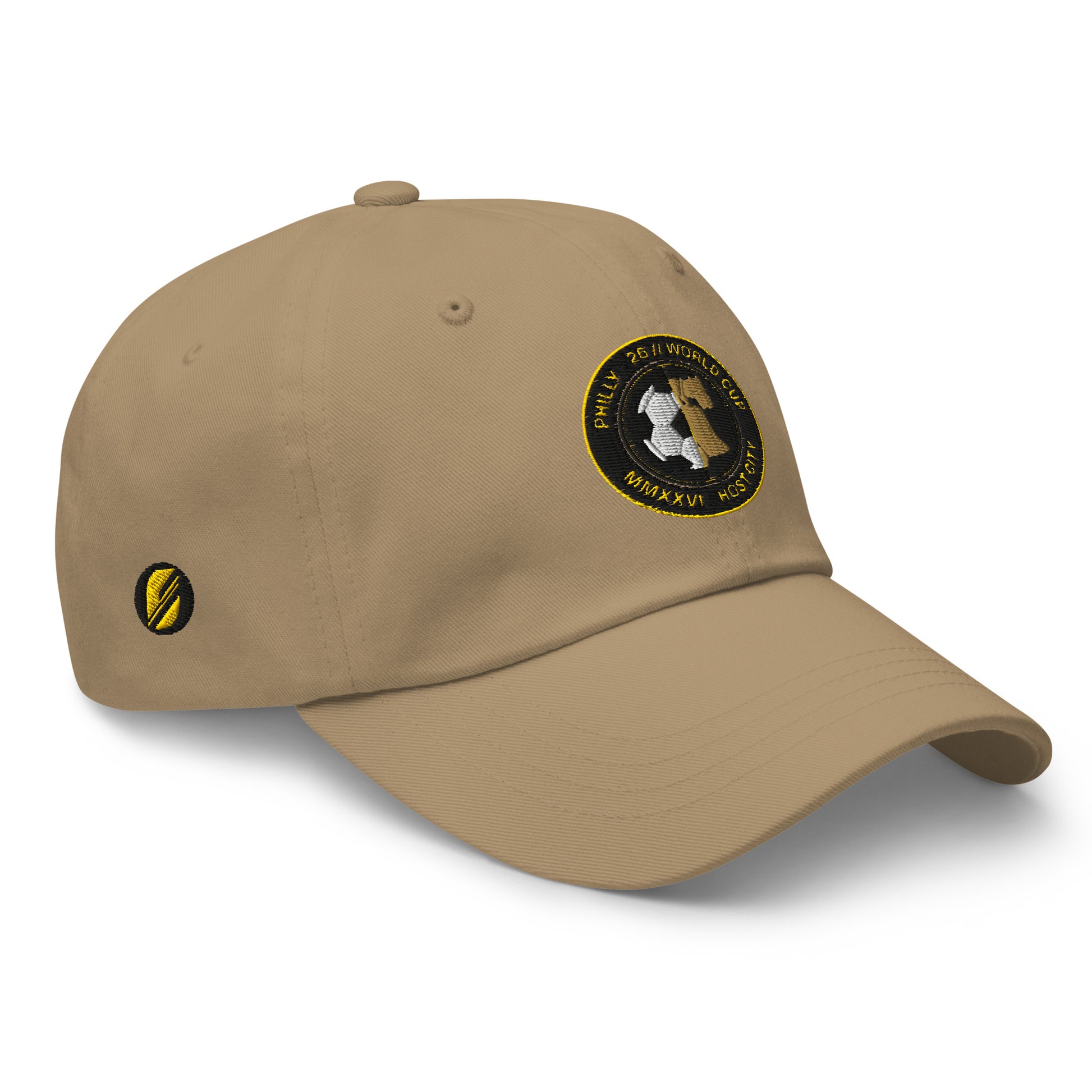 Liberty Protocol // Philly '26 Dad Hat — khaki right three-quarter view, heritage colorway with Liberty Bell crest | SunBorn