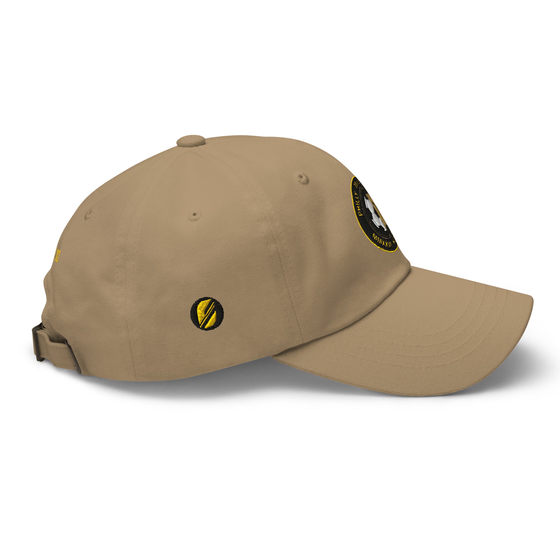 Liberty Protocol // Philly '26 Dad Hat — khaki right side view, SunBorn ⬤ mark embroidered on side panel | SunBorn