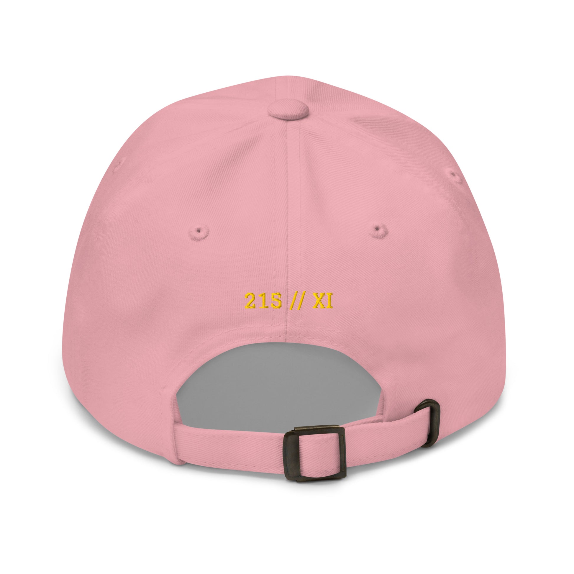 Liberty Protocol // Philly '26 Dad Hat — pink back view, 215 // XI gold-thread stamp with antique-buckle adjustable strap | SunBorn