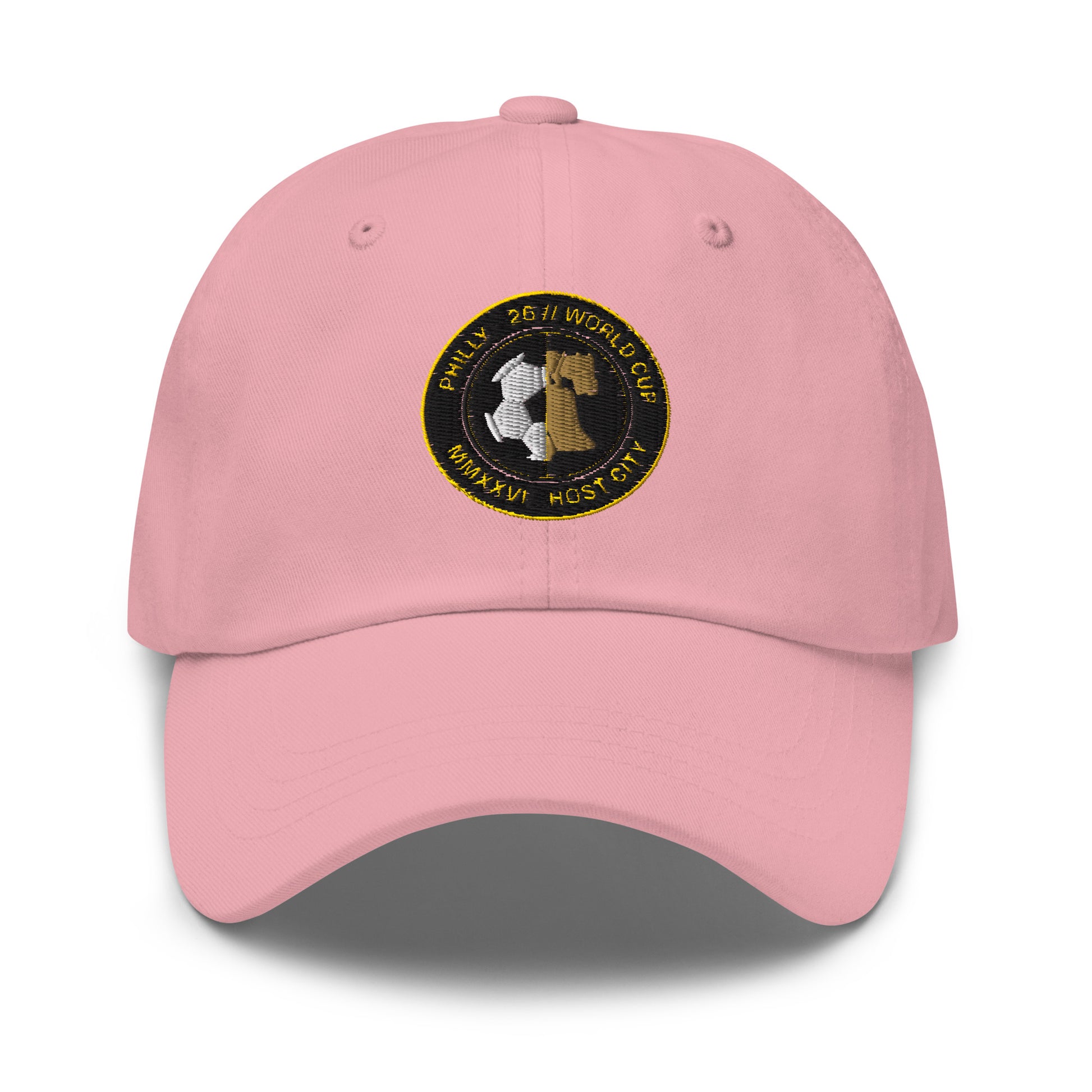 Liberty Protocol // Philly '26 Dad Hat — pink front view, embroidered Liberty Bell host-city seal in gold and cream thread, Philadelphia World Cup 2026 Host City Series | SunBorn