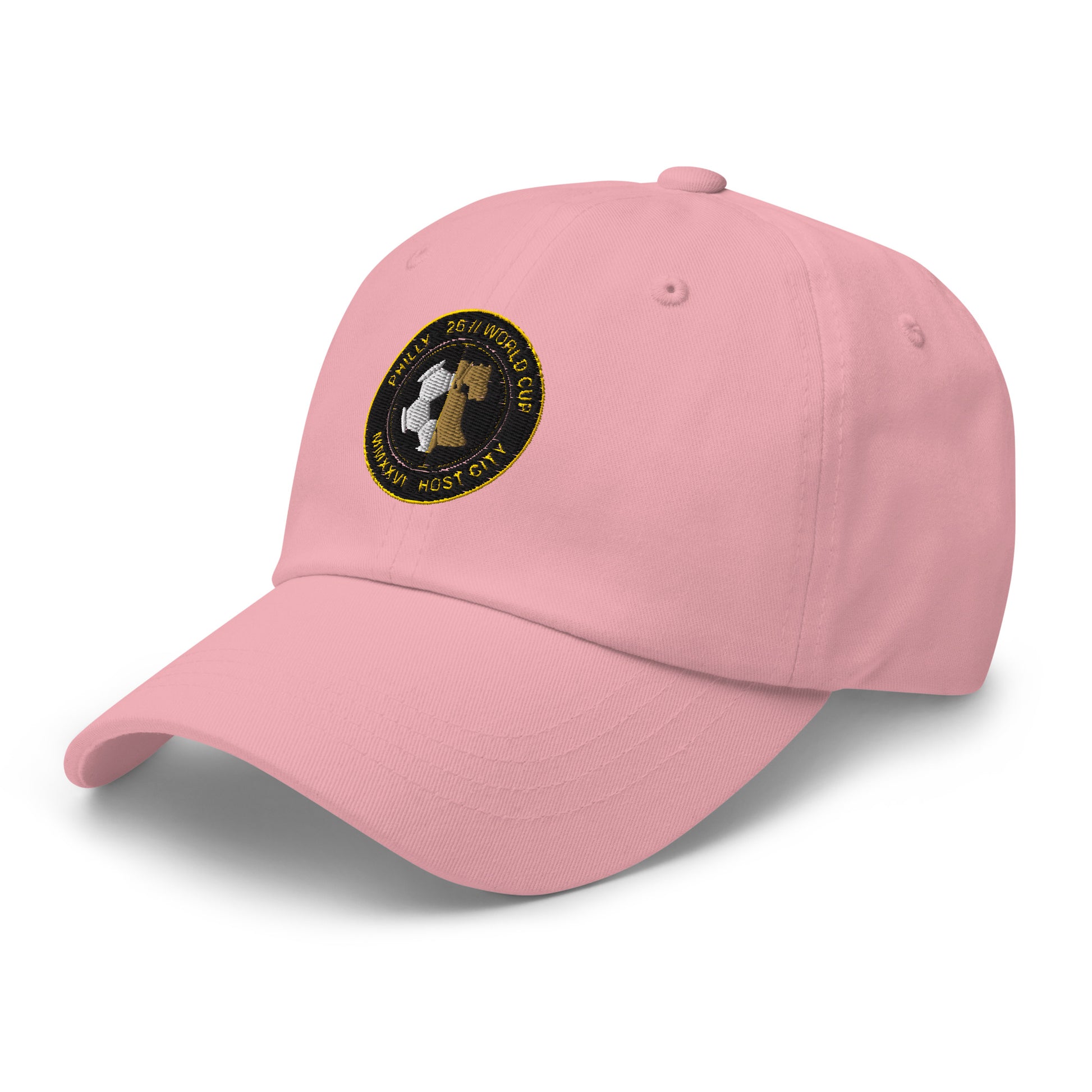 Liberty Protocol // Philly '26 Dad Hat — pink left three-quarter view, Philadelphia host city embroidered emblem | SunBorn