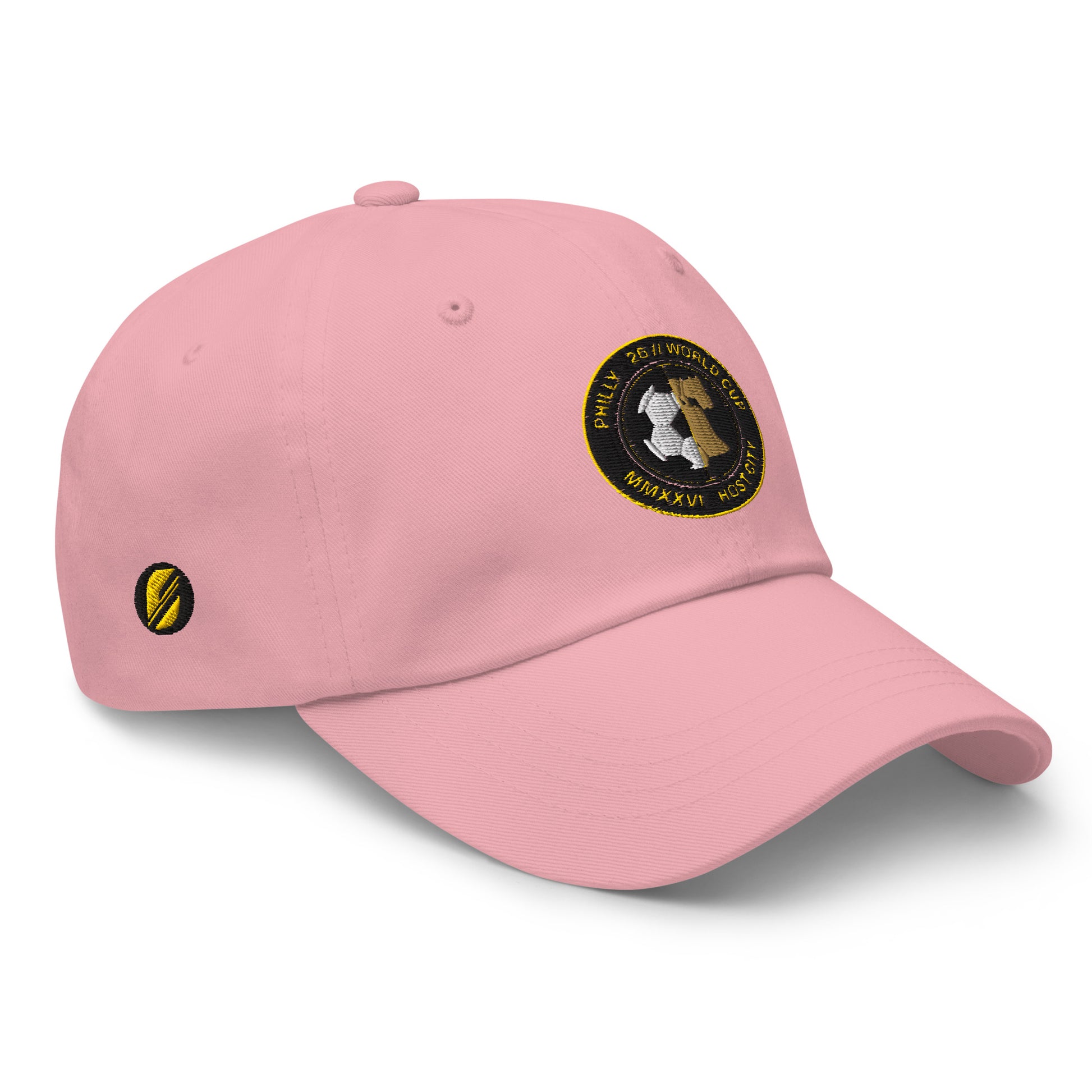 Liberty Protocol // Philly '26 Dad Hat — pink right three-quarter view, soft-pink colorway with Liberty Bell crest | SunBorn
