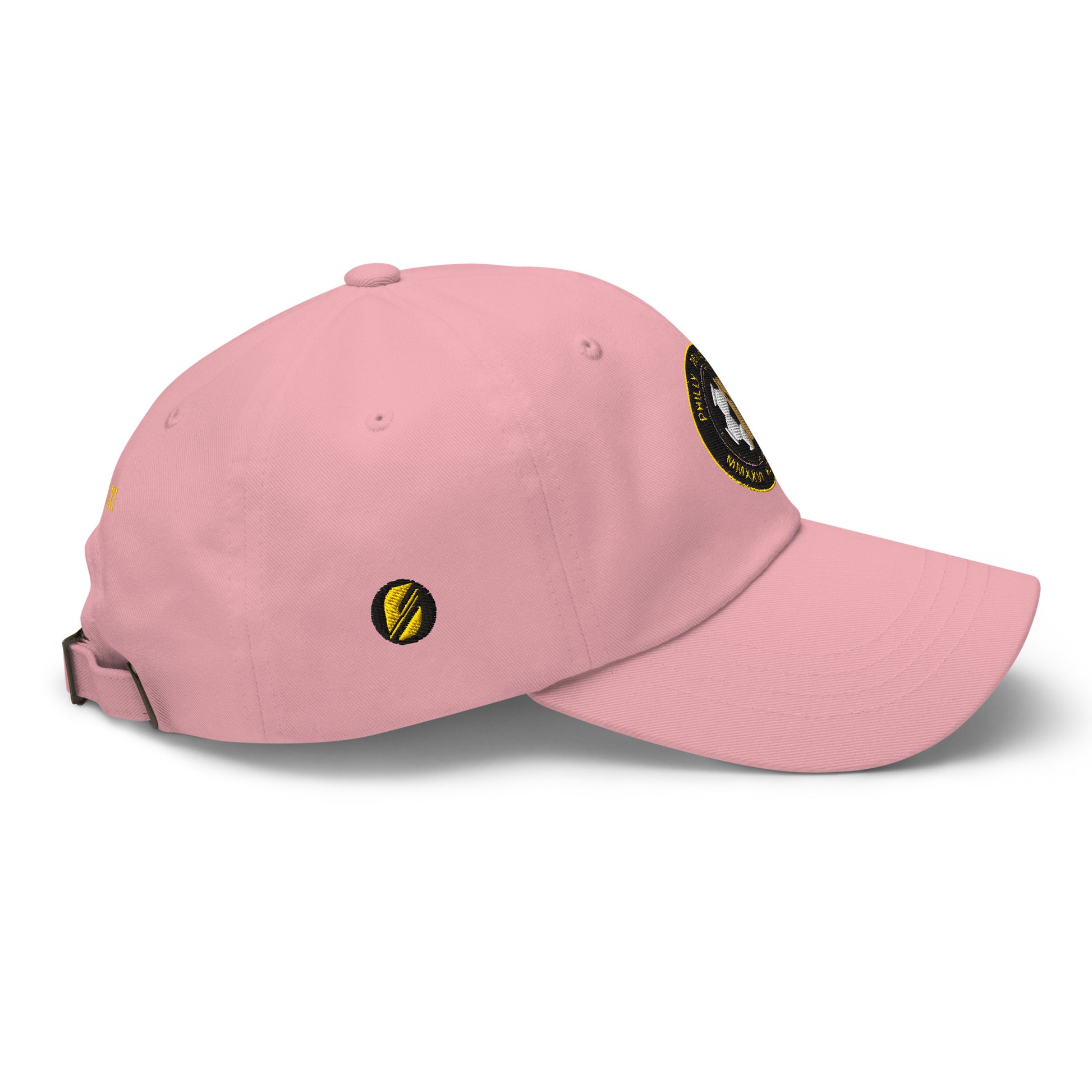 Liberty Protocol // Philly '26 Dad Hat — pink right side view, SunBorn ⬤ mark embroidered on side panel | SunBorn