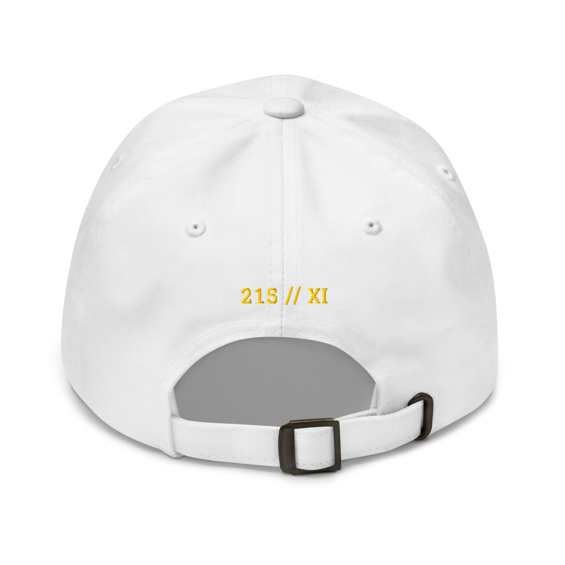 Liberty Protocol // Philly '26 Dad Hat — white back view, 215 // XI gold-thread stamp with antique-buckle adjustable strap | SunBorn