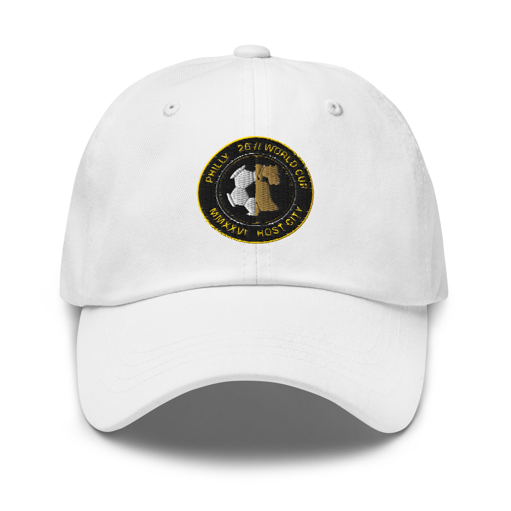 Liberty Protocol // Philly '26 Dad Hat — white front view, embroidered Liberty Bell host-city seal in gold and cream thread, Philadelphia World Cup 2026 Host City Series | SunBorn