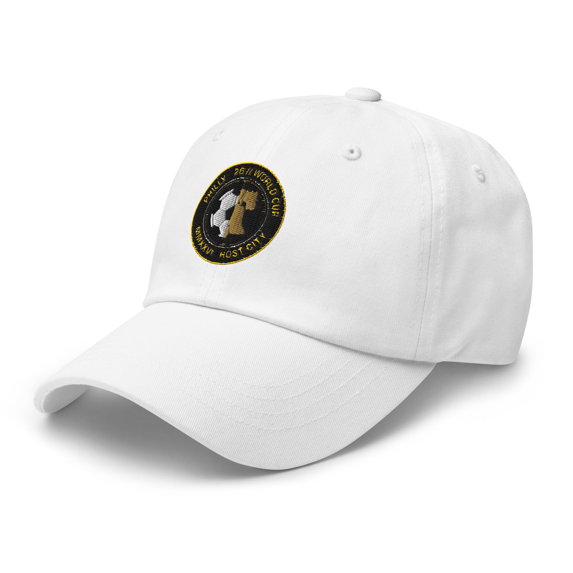 Liberty Protocol // Philly '26 Dad Hat — white left three-quarter view, Philadelphia host city embroidered emblem | SunBorn